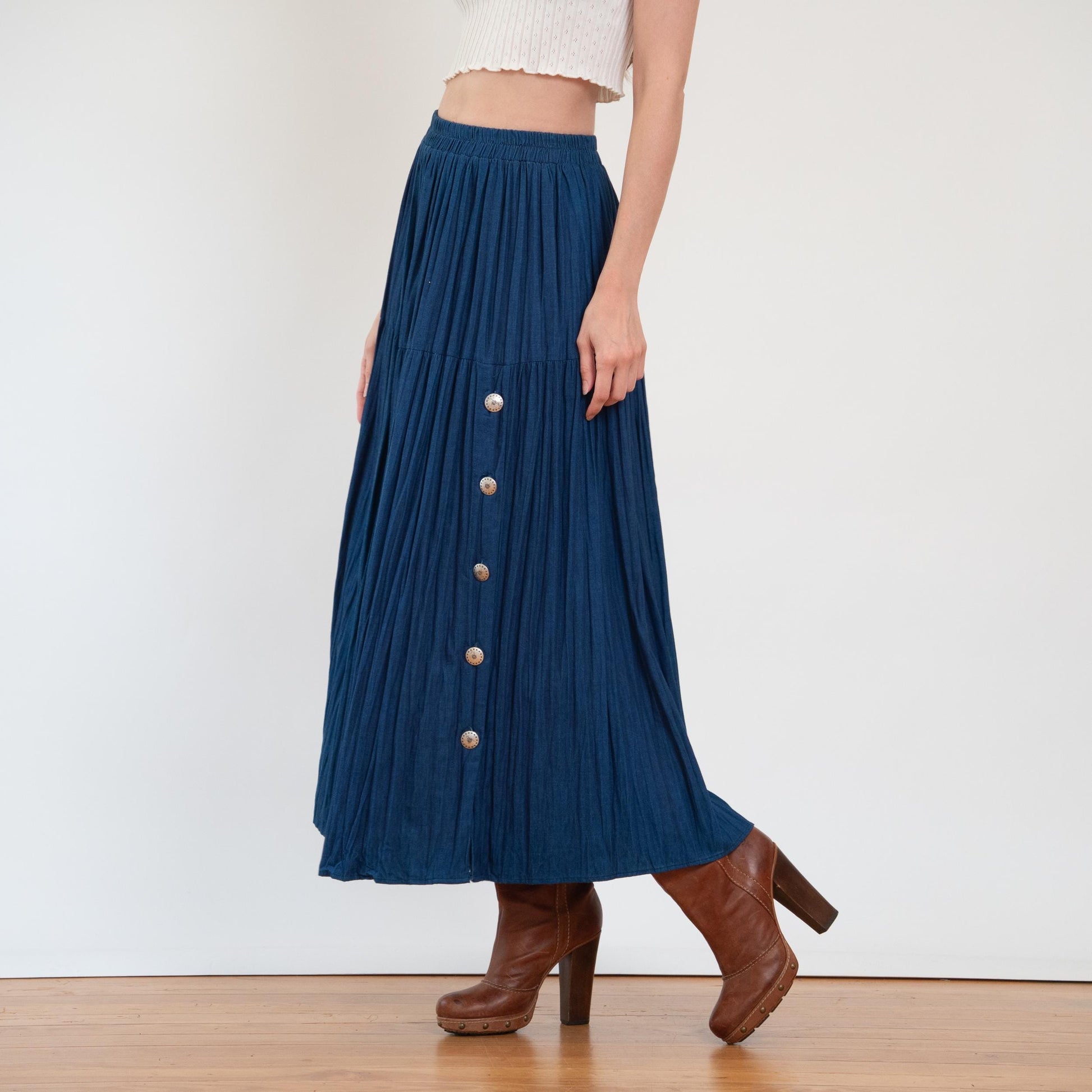 Vintage 80s Western Denim Concho Maxi Skirt - Small to Medium | High Waisted Blue Jean Pleated Long Skirt