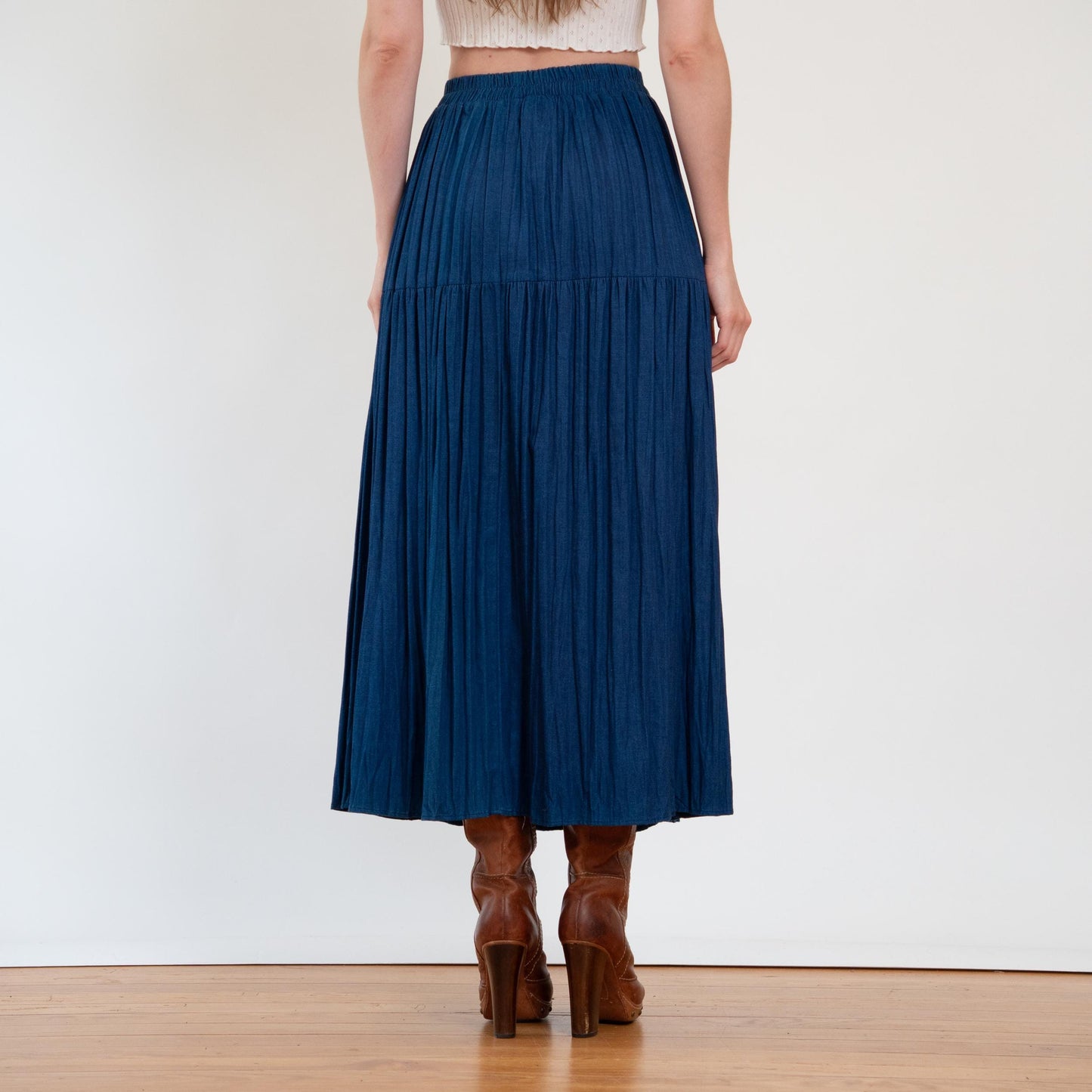 Vintage 80s Western Denim Concho Maxi Skirt - Small to Medium | High Waisted Blue Jean Pleated Long Skirt