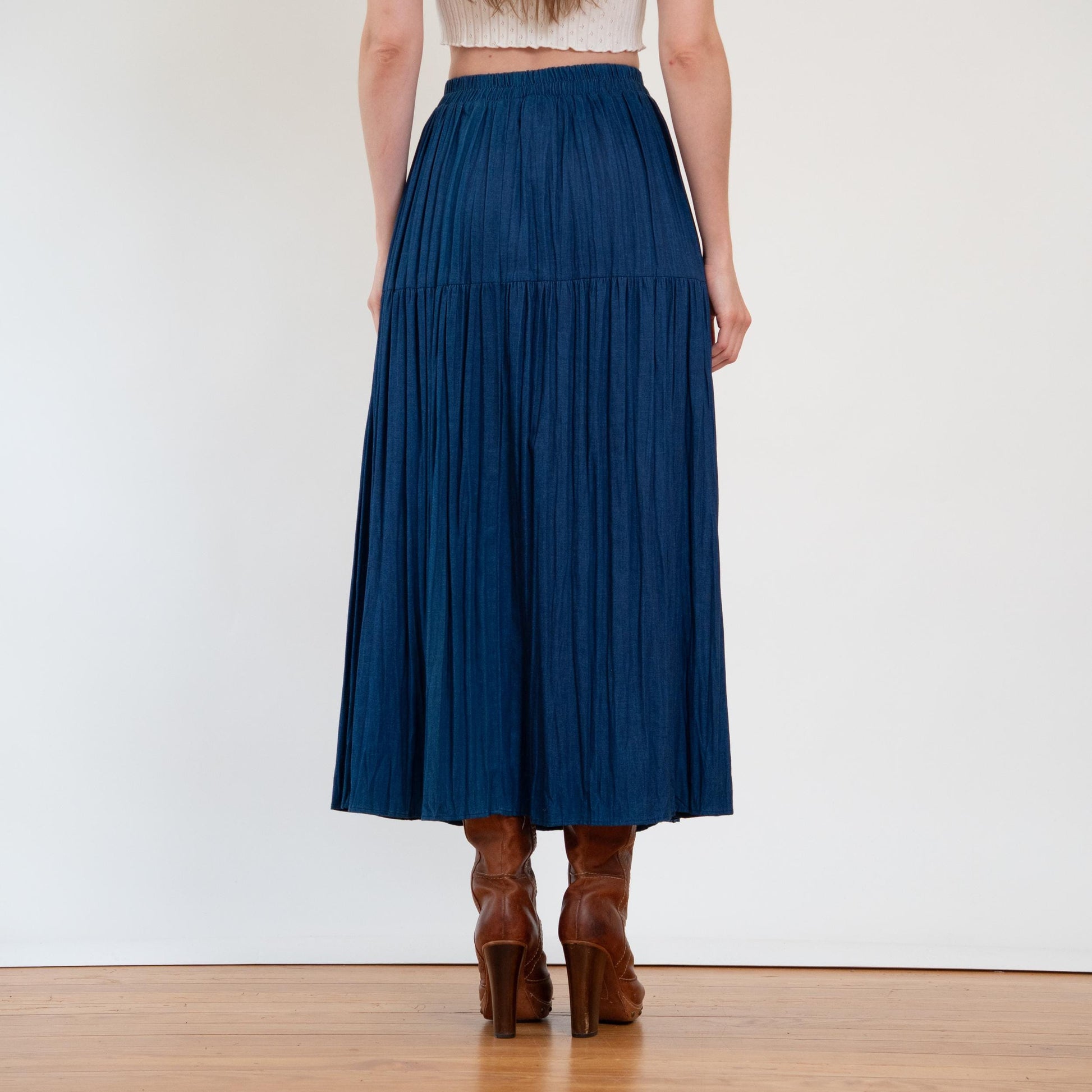 Vintage 80s Western Denim Concho Maxi Skirt - Small to Medium | High Waisted Blue Jean Pleated Long Skirt