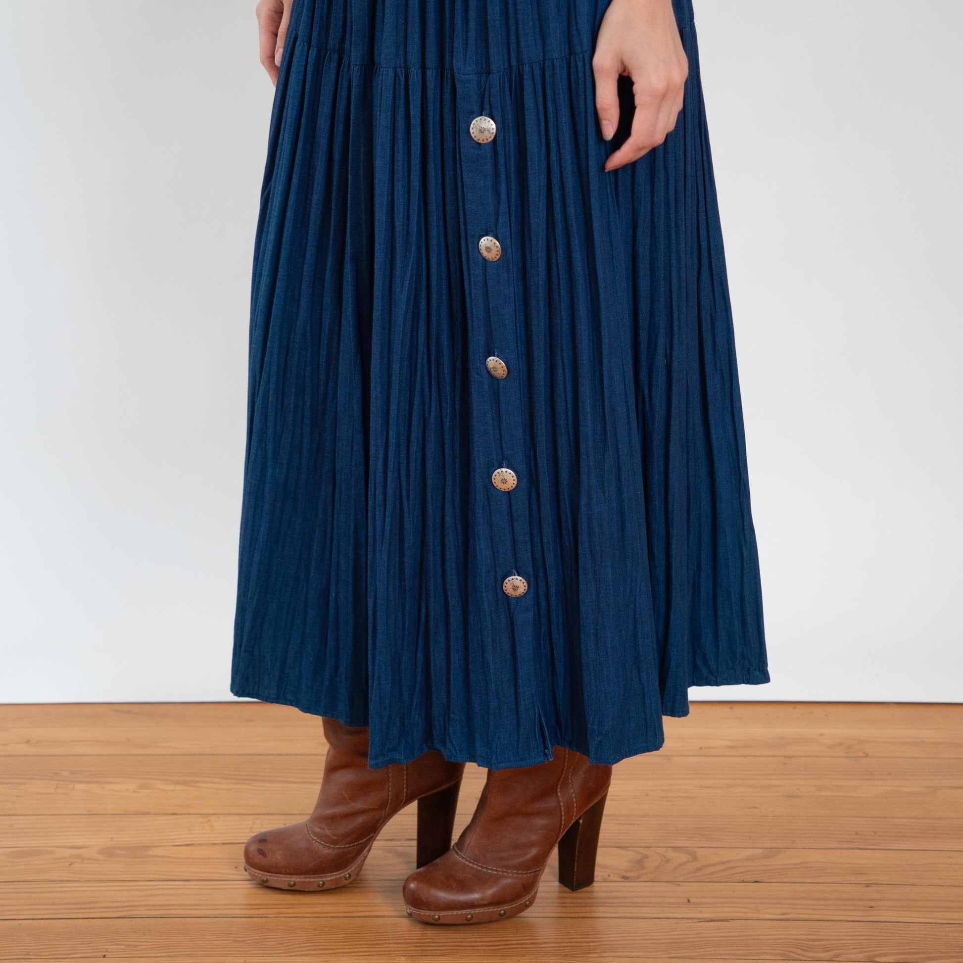 Vintage 80s Western Denim Concho Maxi Skirt - Small to Medium | High Waisted Blue Jean Pleated Long Skirt