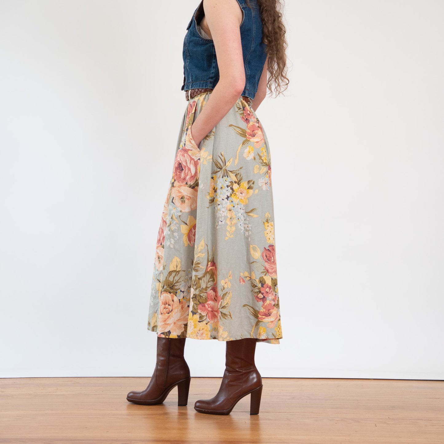 Vintage 90s Sage Floral Country Store Midi Skirt - Medium
