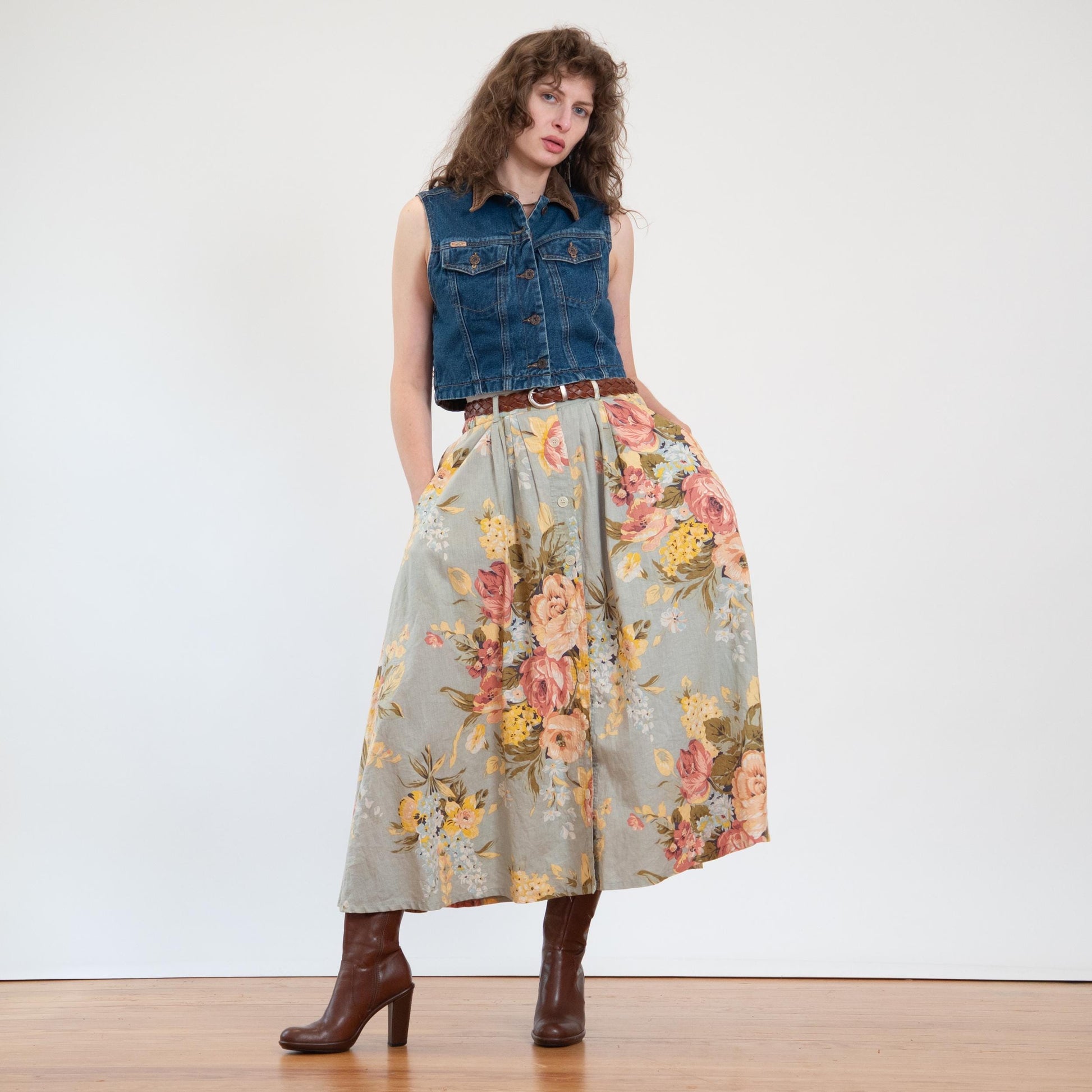Vintage 90s Sage Floral Country Store Midi Skirt - Medium