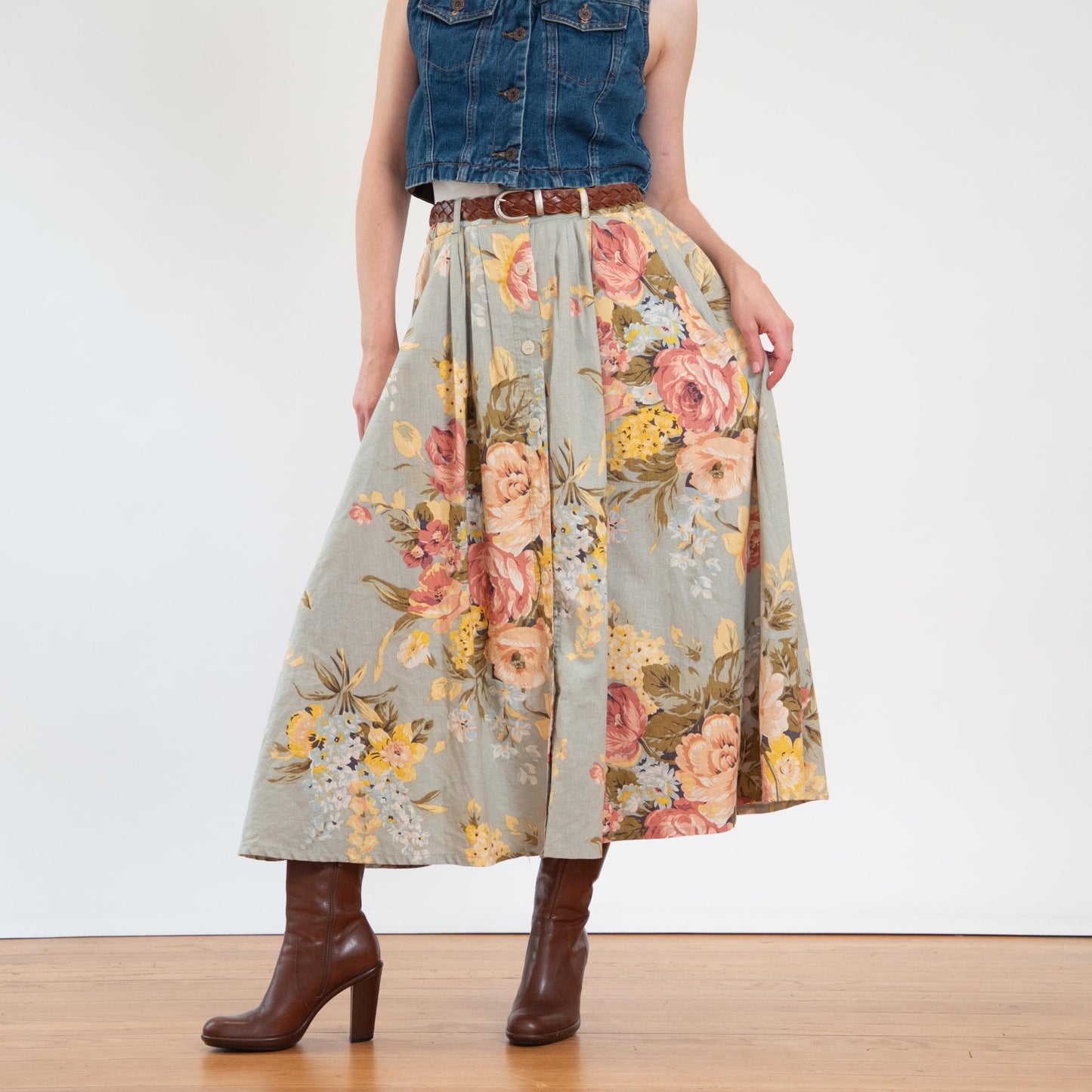 Vintage 90s Sage Floral Country Store Midi Skirt - Medium
