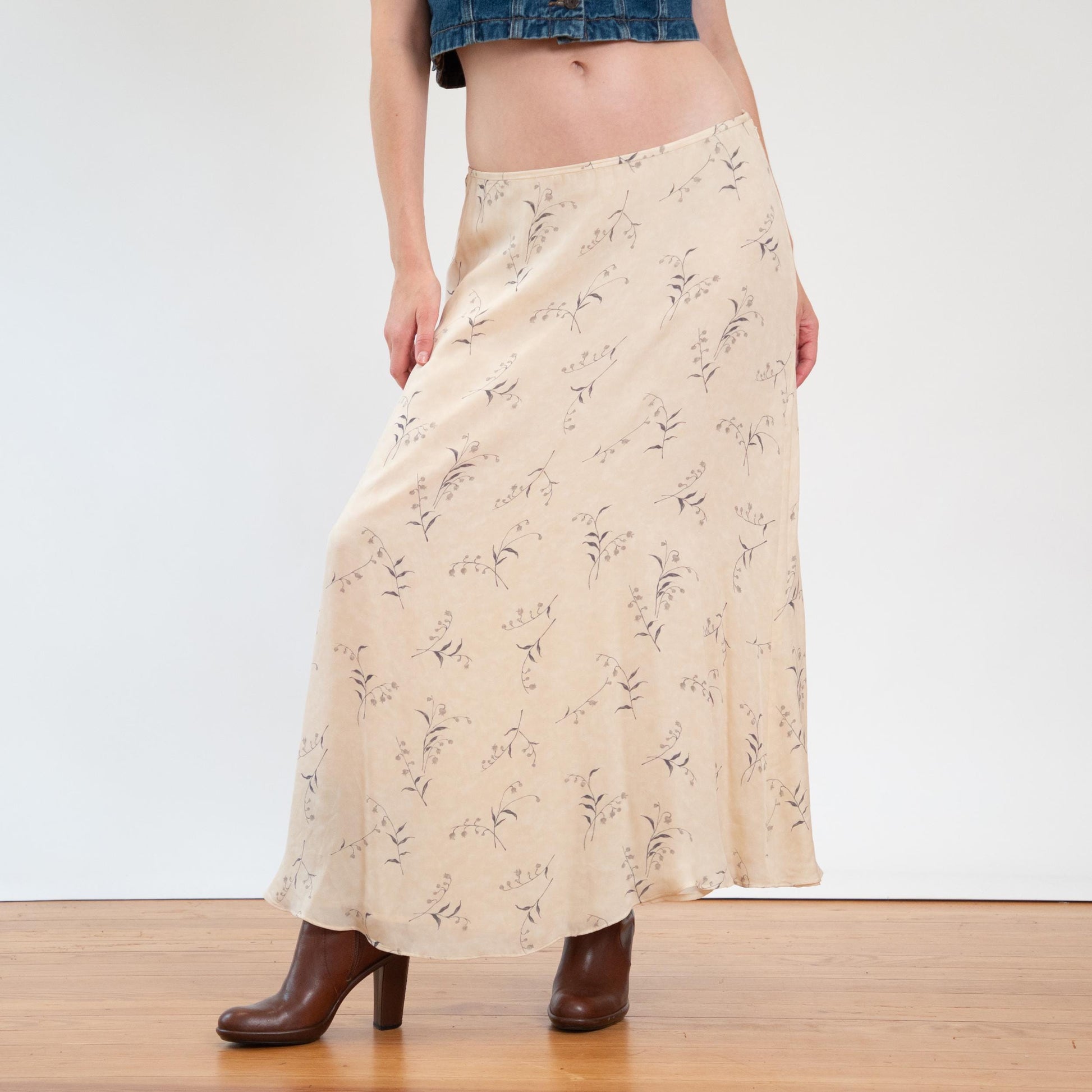 Vintage 90s Y2K Ralph Lauren Silk Butter Yellow Floral Maxi Skirt - Large | Boho Long Slip Skirt