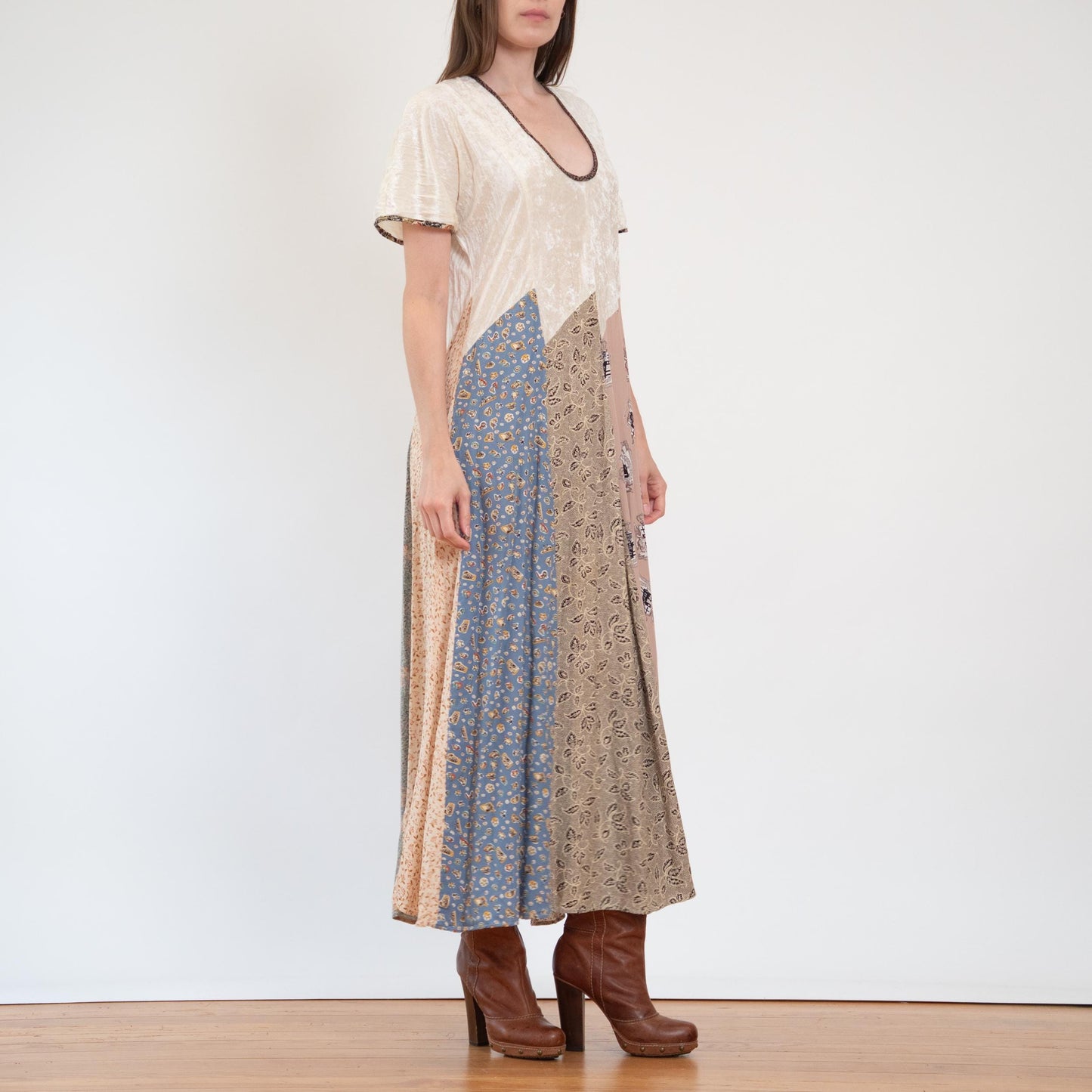 Vintage 80s Boho Patchwork & Velvet Maxi Dress - Medium to Large | Oversize Grunge Novelty Print Sundress