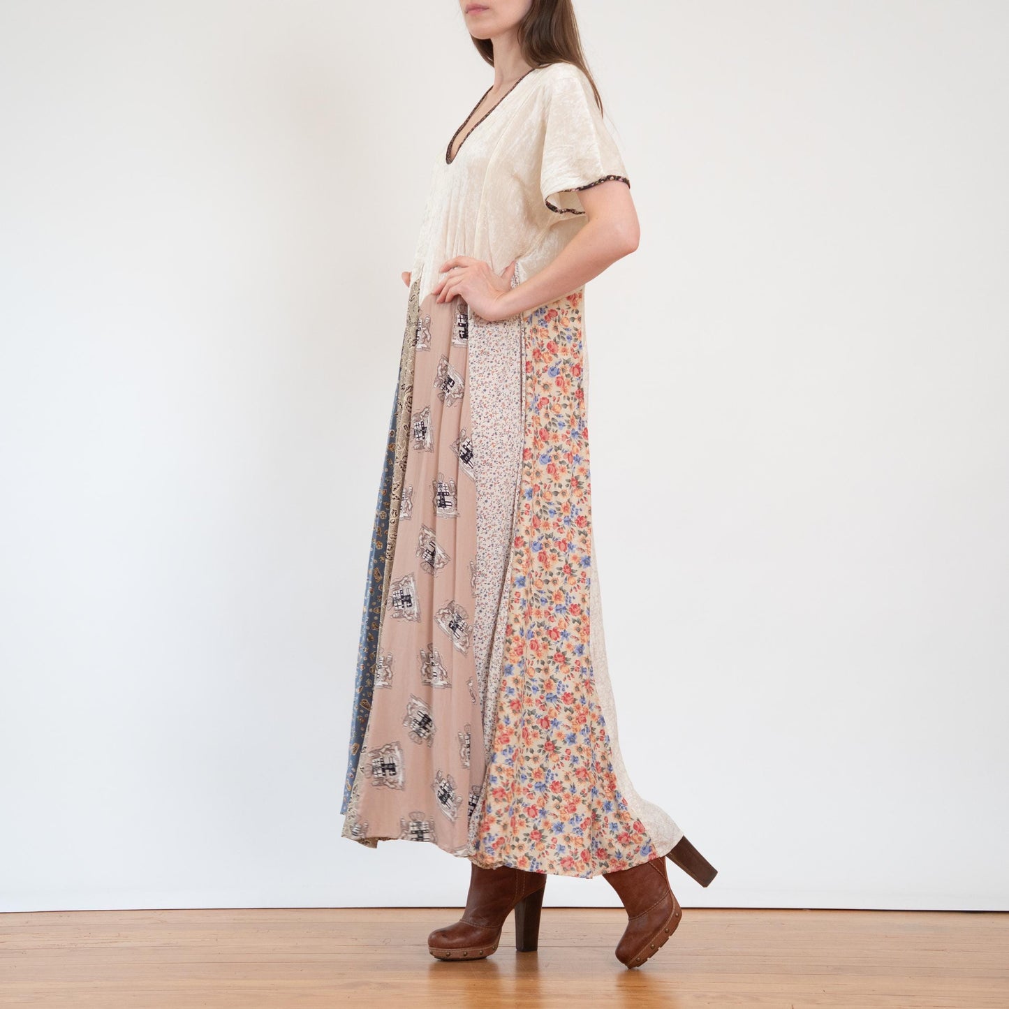 Vintage 80s Boho Patchwork & Velvet Maxi Dress - Medium to Large | Oversize Grunge Novelty Print Sundress