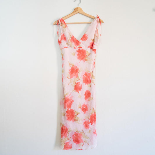 Vintage 90s Pink Floral Crinkle Party Dress - Small | Boho Sleeveless Summer Fairy Sundress