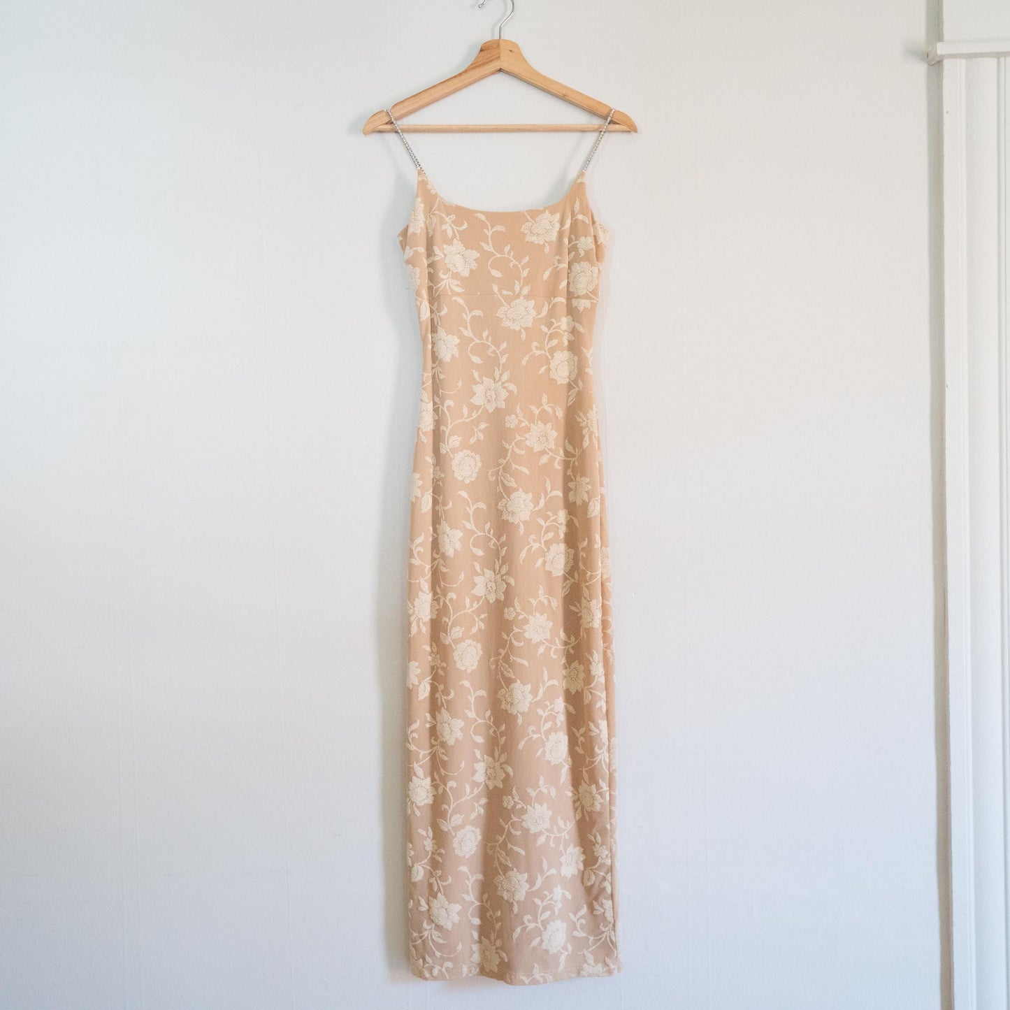 Vintage 90s Two-Tone Floral Jeweled Strap Bodycon Gown - Extra Small | Beige Maxi Formal Party Dress