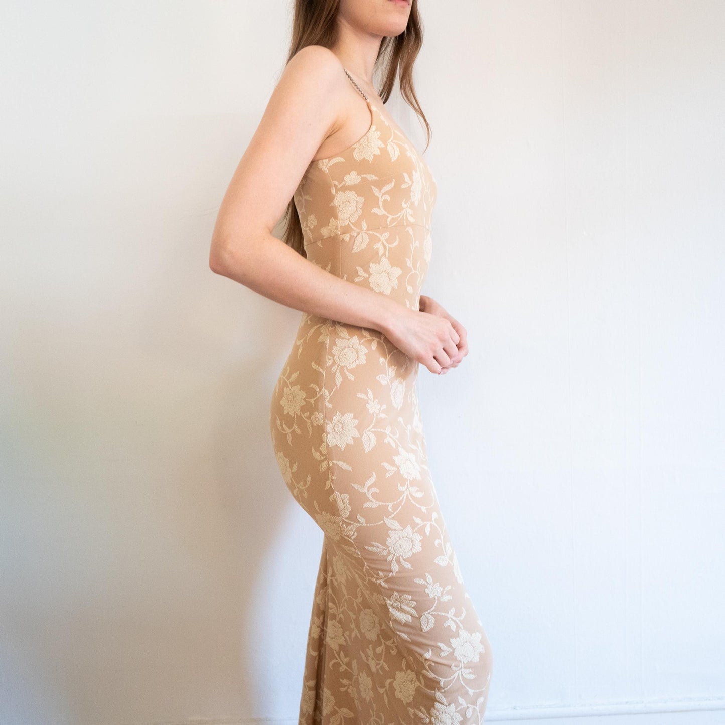 Vintage 90s Two-Tone Floral Jeweled Strap Bodycon Gown - Extra Small | Beige Maxi Formal Party Dress