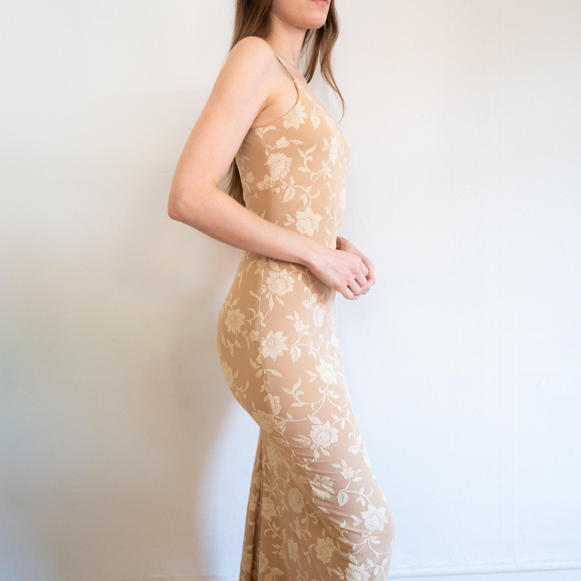 Vintage 90s Two-Tone Floral Jeweled Strap Bodycon Gown - Extra Small | Beige Maxi Formal Party Dress