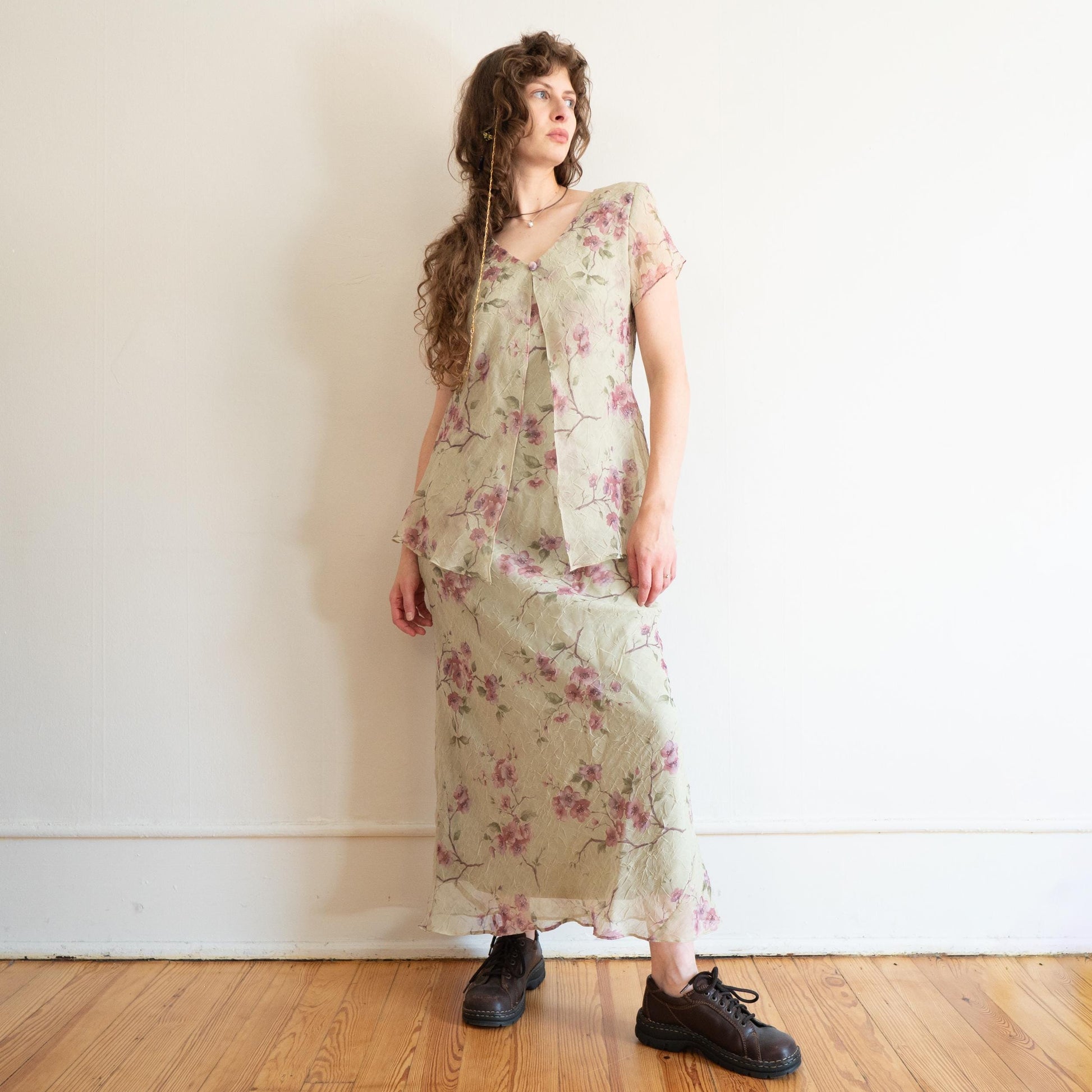 Vintage 90s Sage Green Floral Chiffon Layered Maxi Dress - Medium | Boho Summer Wedding Guest Dress