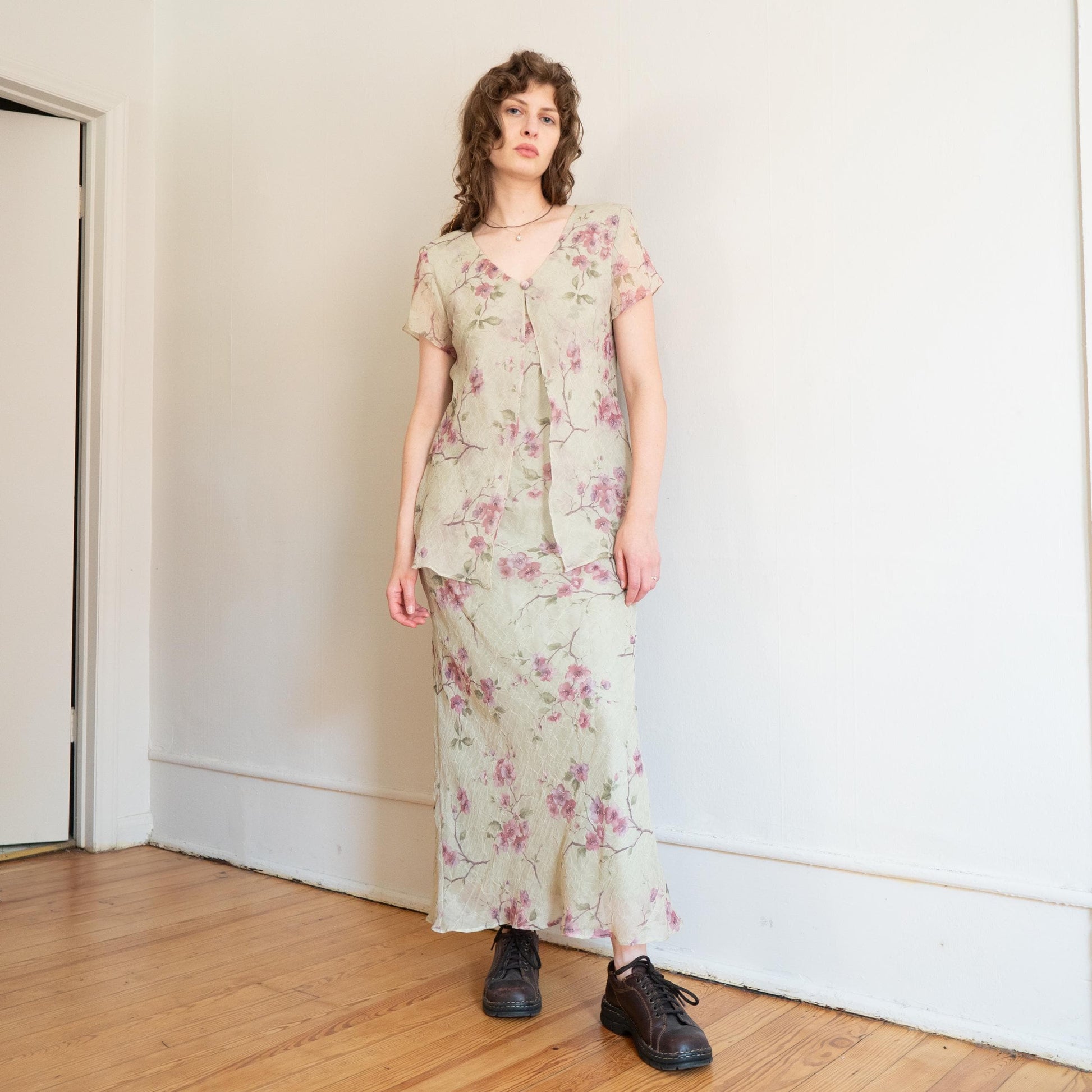 Vintage 90s Sage Green Floral Chiffon Layered Maxi Dress - Medium | Boho Summer Wedding Guest Dress
