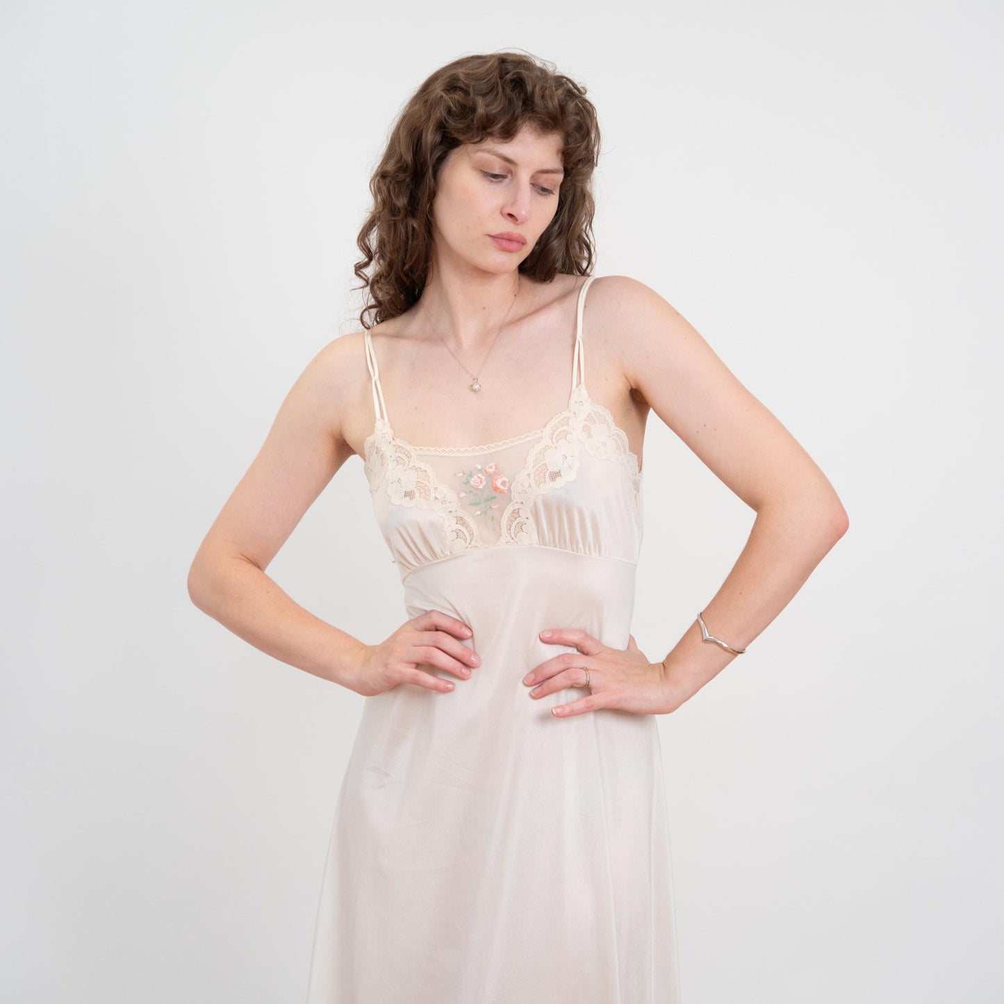 Vintage 70s Ivory Floral Embroidered Maxi Slip Dress - Medium | Bridal Lingerie Boho Nightgown