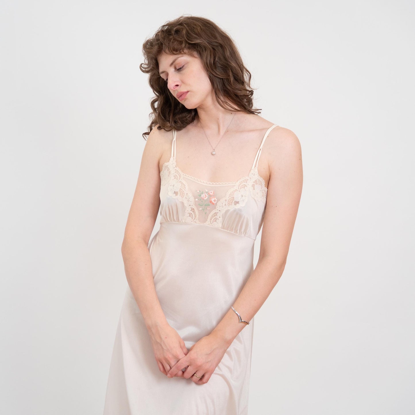 Vintage 70s Ivory Floral Embroidered Maxi Slip Dress - Medium | Bridal Lingerie Boho Nightgown