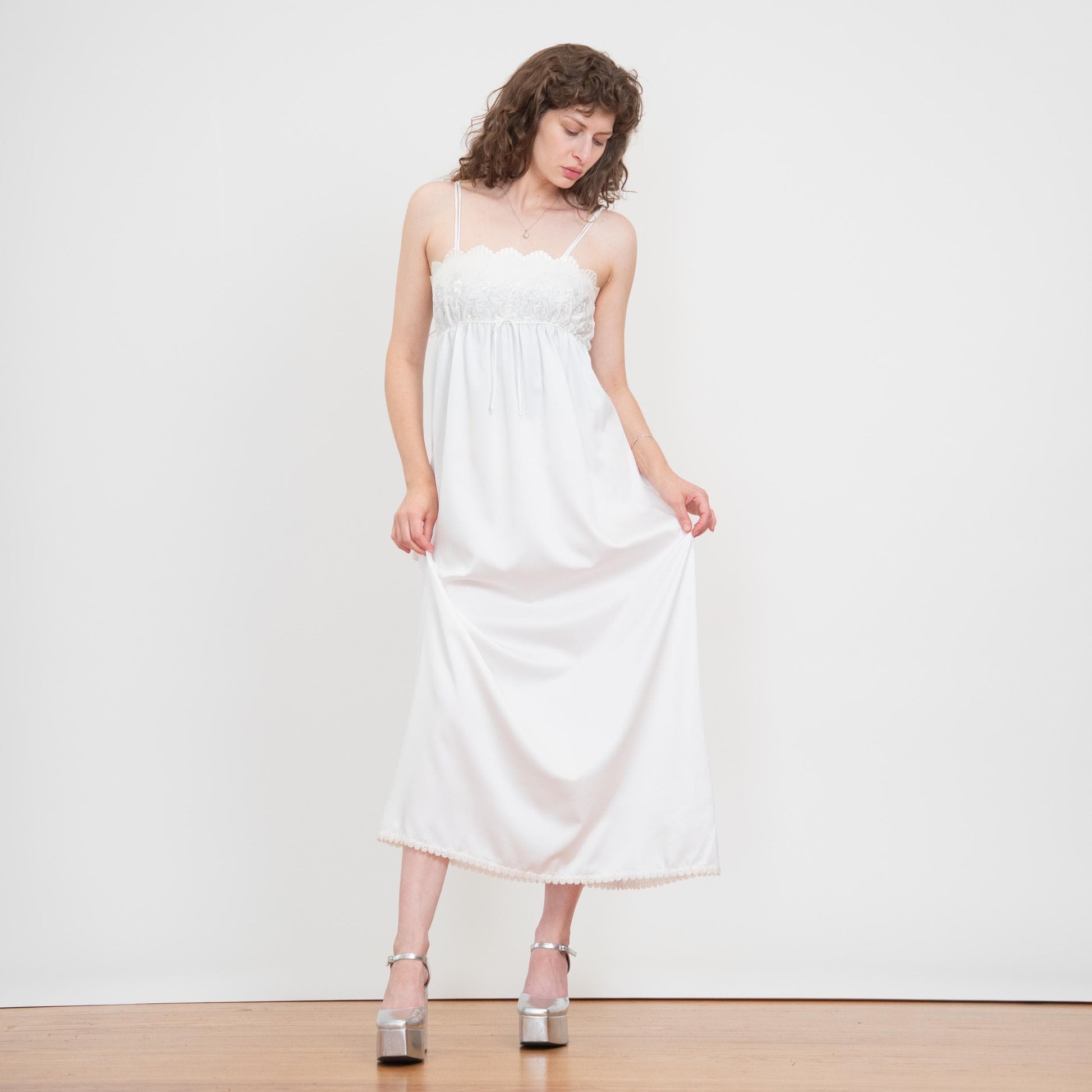 Vintage 70s 80s Miss Dior White Floral Embroidered Maxi Slip Dress - Small | Bridal Lingerie Boho Nightgown