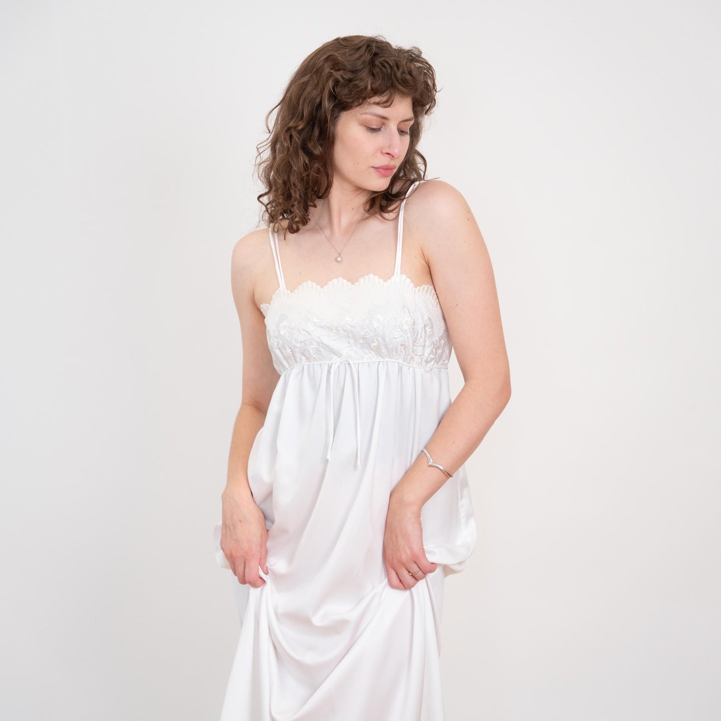Vintage 70s 80s Miss Dior White Floral Embroidered Maxi Slip Dress - Small | Bridal Lingerie Boho Nightgown