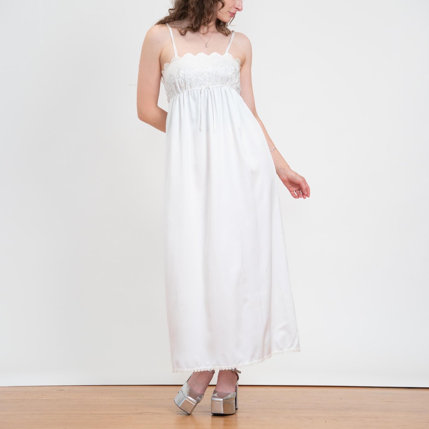 Vintage 70s 80s Miss Dior White Floral Embroidered Maxi Slip Dress - Small | Bridal Lingerie Boho Nightgown