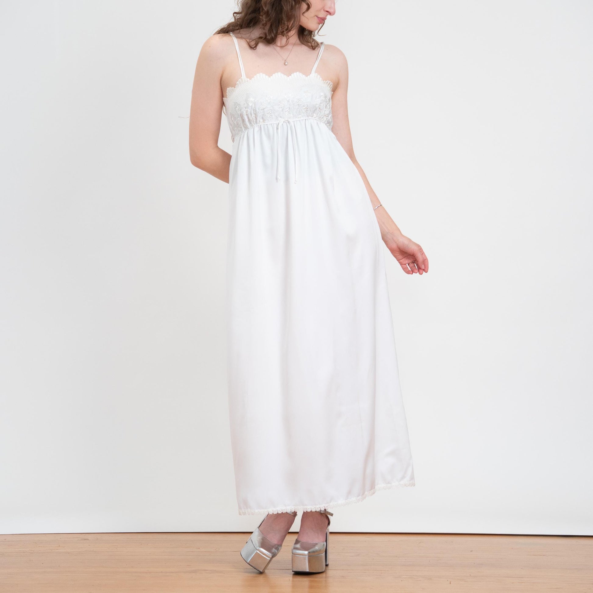 Vintage 70s 80s Miss Dior White Floral Embroidered Maxi Slip Dress - Small | Bridal Lingerie Boho Nightgown