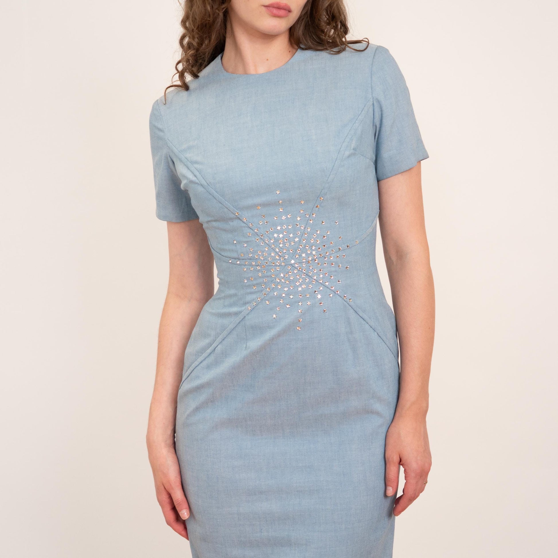 Vintage 60s Si Si Miami Blue Deco Jeweled Sheath Dress - Small | Retro Cocktail Party Wiggle Dress