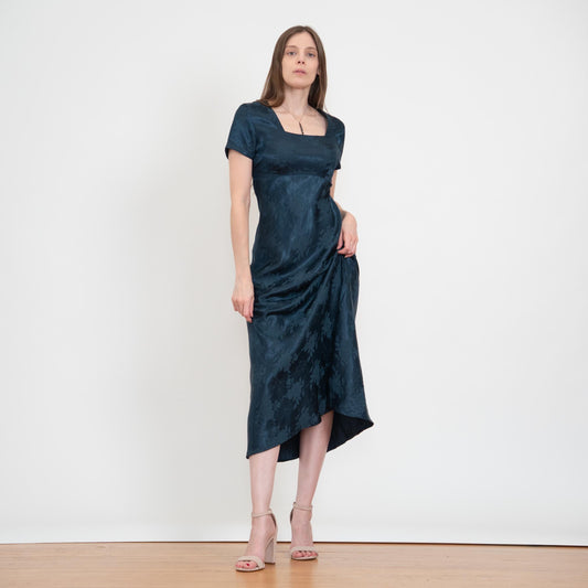 Vintage 90s Dark Emerald Green Floral Jacquard Maxi Dress - XS to Small | Square Neck Formal Party Dress