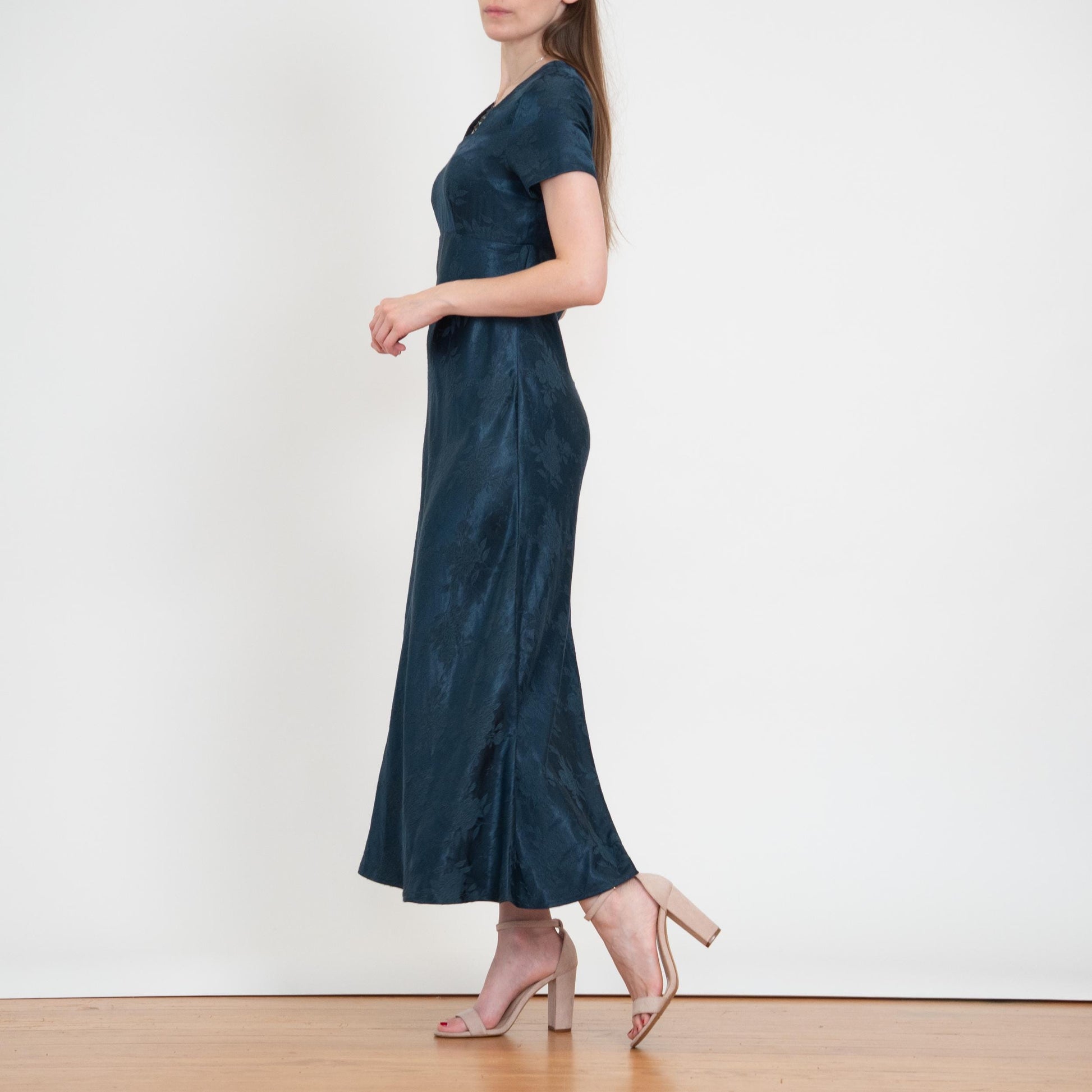 Vintage 90s Dark Emerald Green Floral Jacquard Maxi Dress - XS to Small | Square Neck Formal Party Dress
