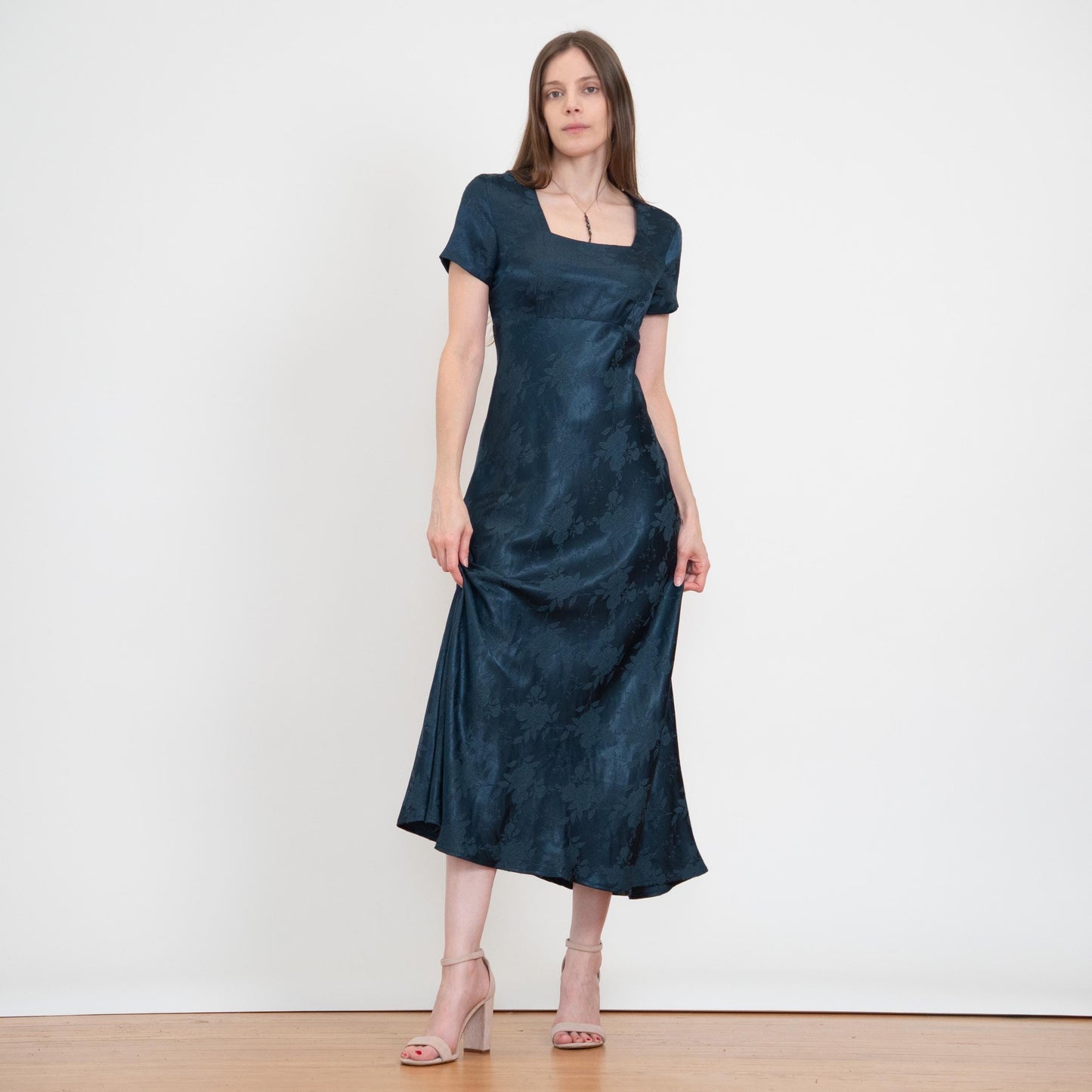 Vintage 90s Dark Emerald Green Floral Jacquard Maxi Dress - XS to Small | Square Neck Formal Party Dress