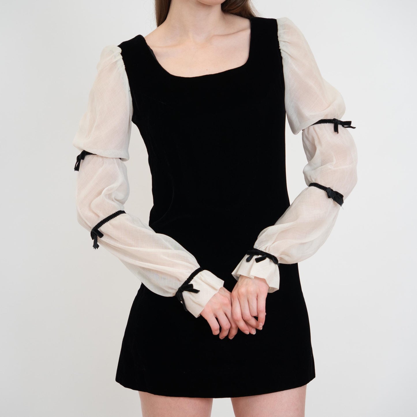 Vintage 70 Black & White Goth Renaissance Mini Dress - Extra Small | Velvet Poet Sleeve Babydoll Minidress