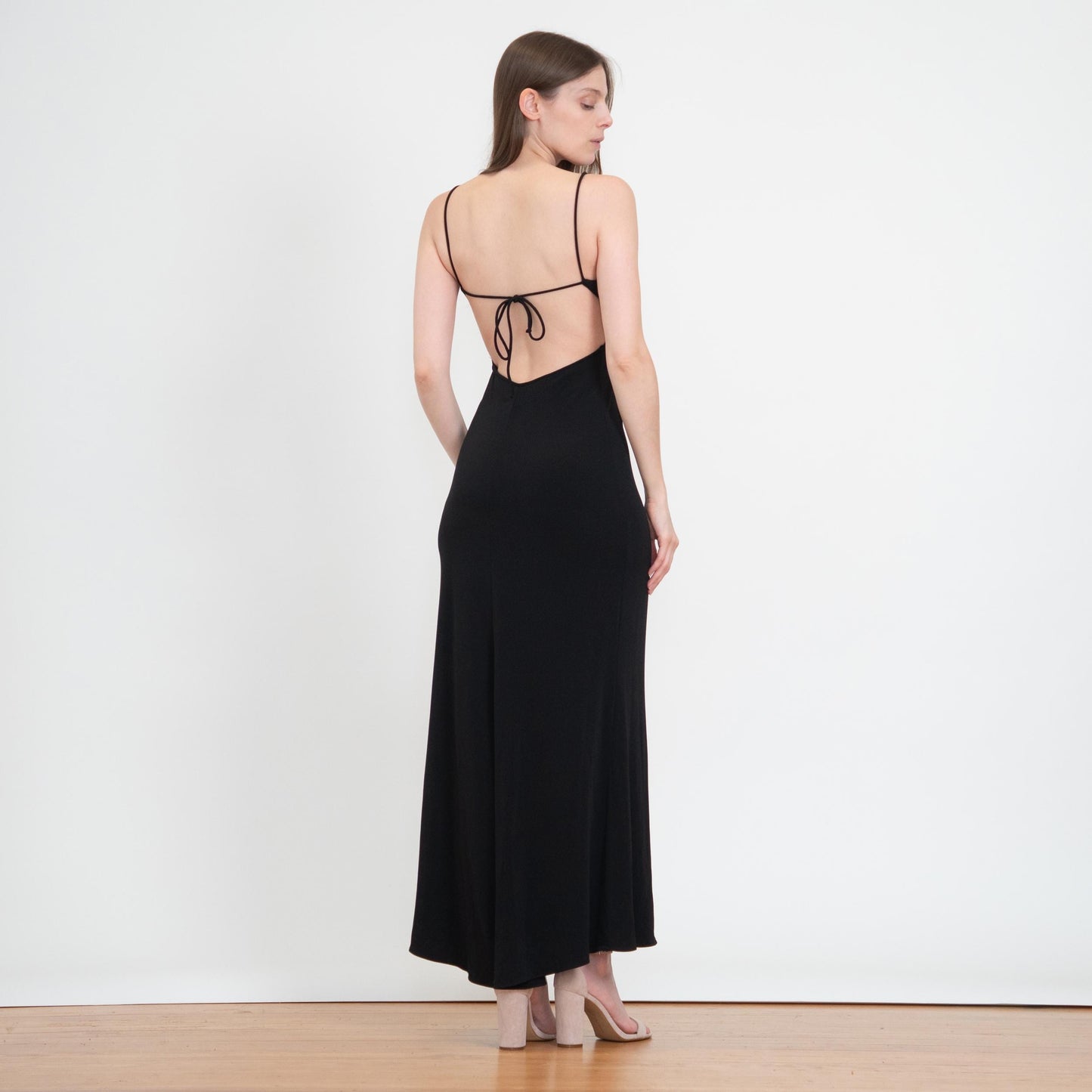Vintage Y2K Black Rhinestone Trim Backless Maxi Dress - Small | Sexy Formal Party Gown, Wedding Guest Dress