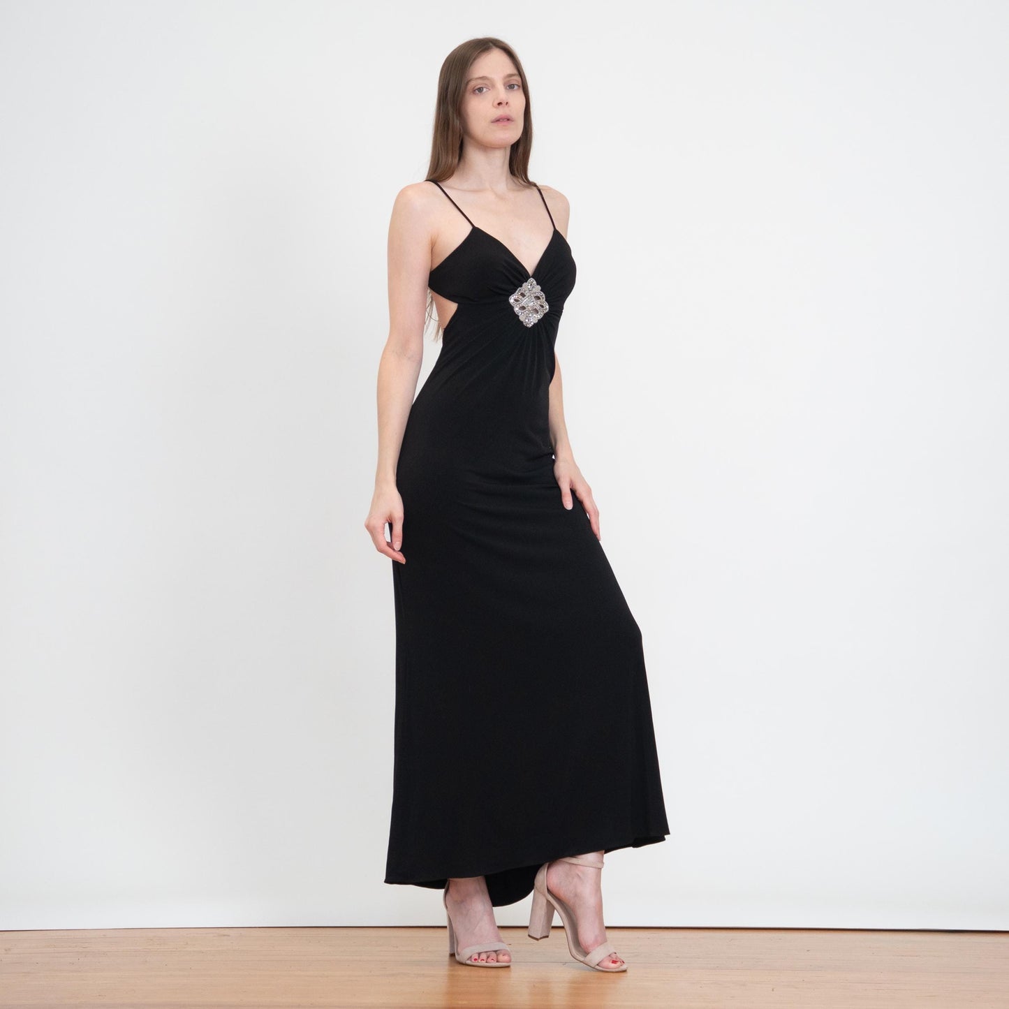 Vintage Y2K Black Rhinestone Trim Backless Maxi Dress - Small | Sexy Formal Party Gown, Wedding Guest Dress