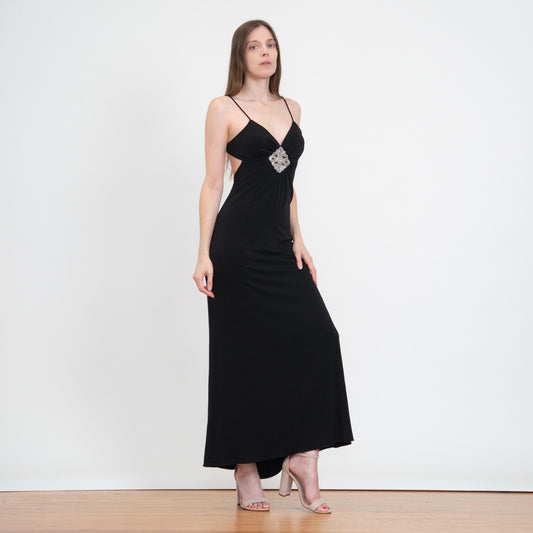 Vintage Y2K Black Rhinestone Trim Backless Maxi Dress - Small | Sexy Formal Party Gown, Wedding Guest Dress