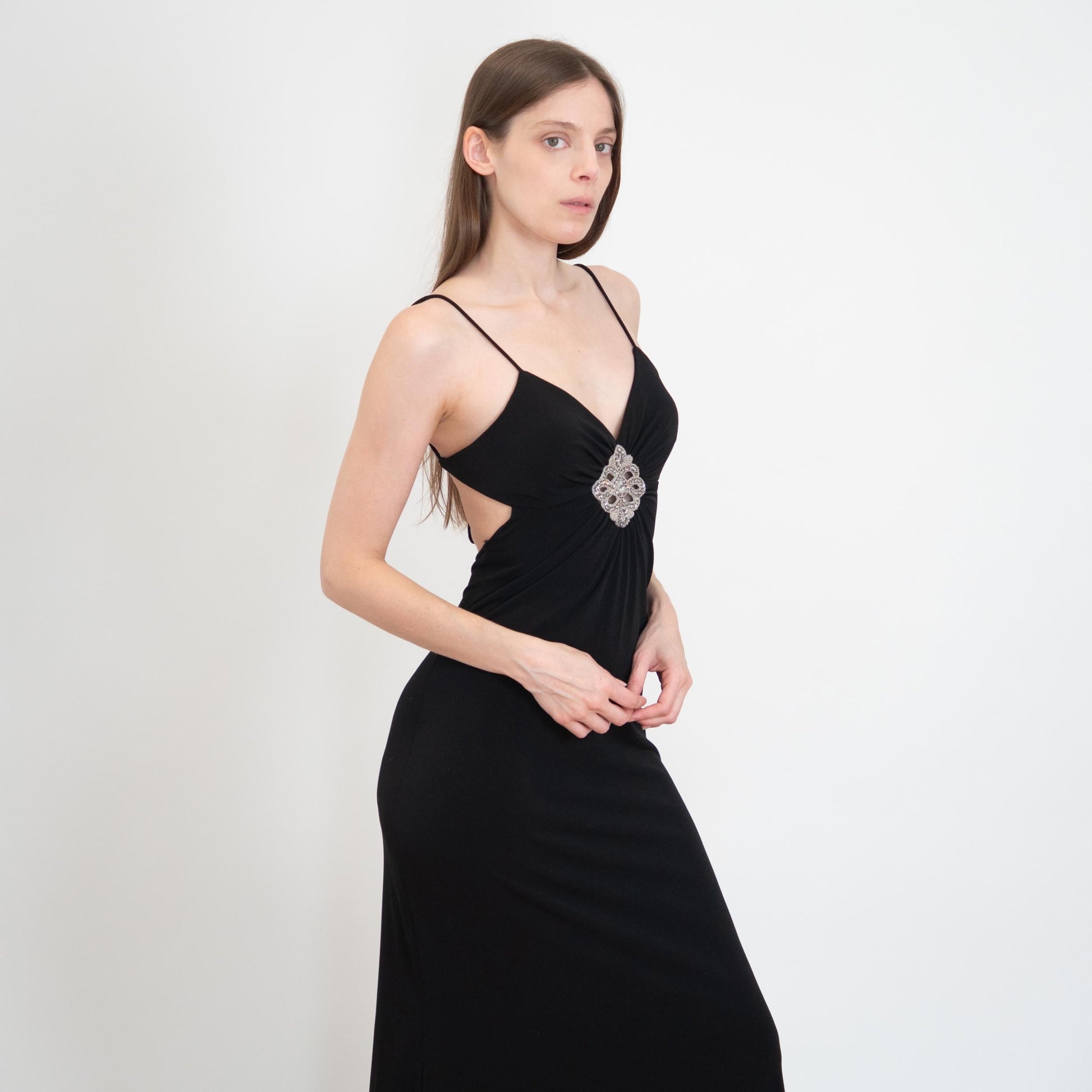 Vintage Y2K Black Rhinestone Trim Backless Maxi Dress - Small | Sexy Formal Party Gown, Wedding Guest Dress