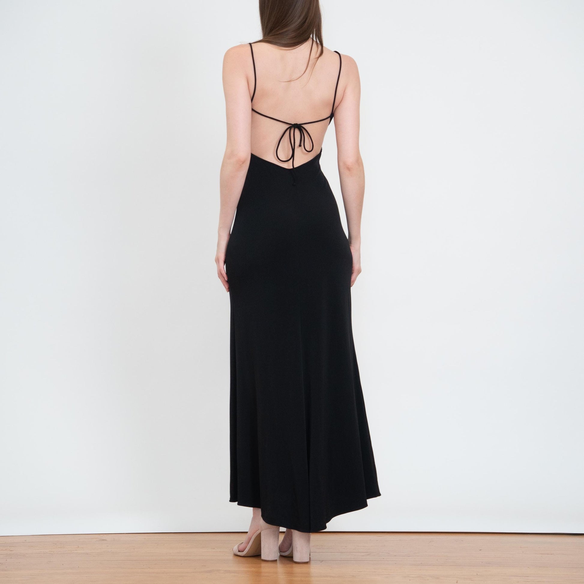 Vintage Y2K Black Rhinestone Trim Backless Maxi Dress - Small | Sexy Formal Party Gown, Wedding Guest Dress