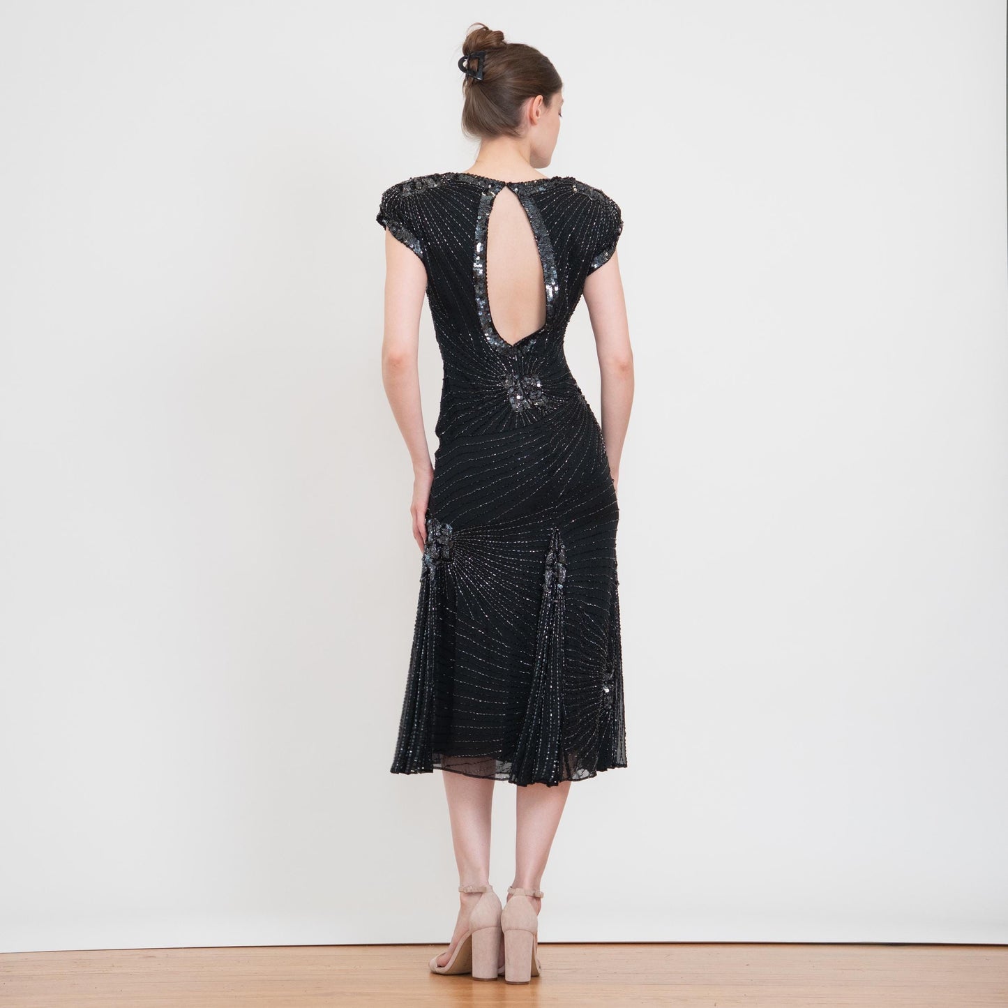 Vintage 80s Oleg Cassini Black Silk Beaded Evening Dress - XS to Small | Open Keyhole Back Formal Midi Dress