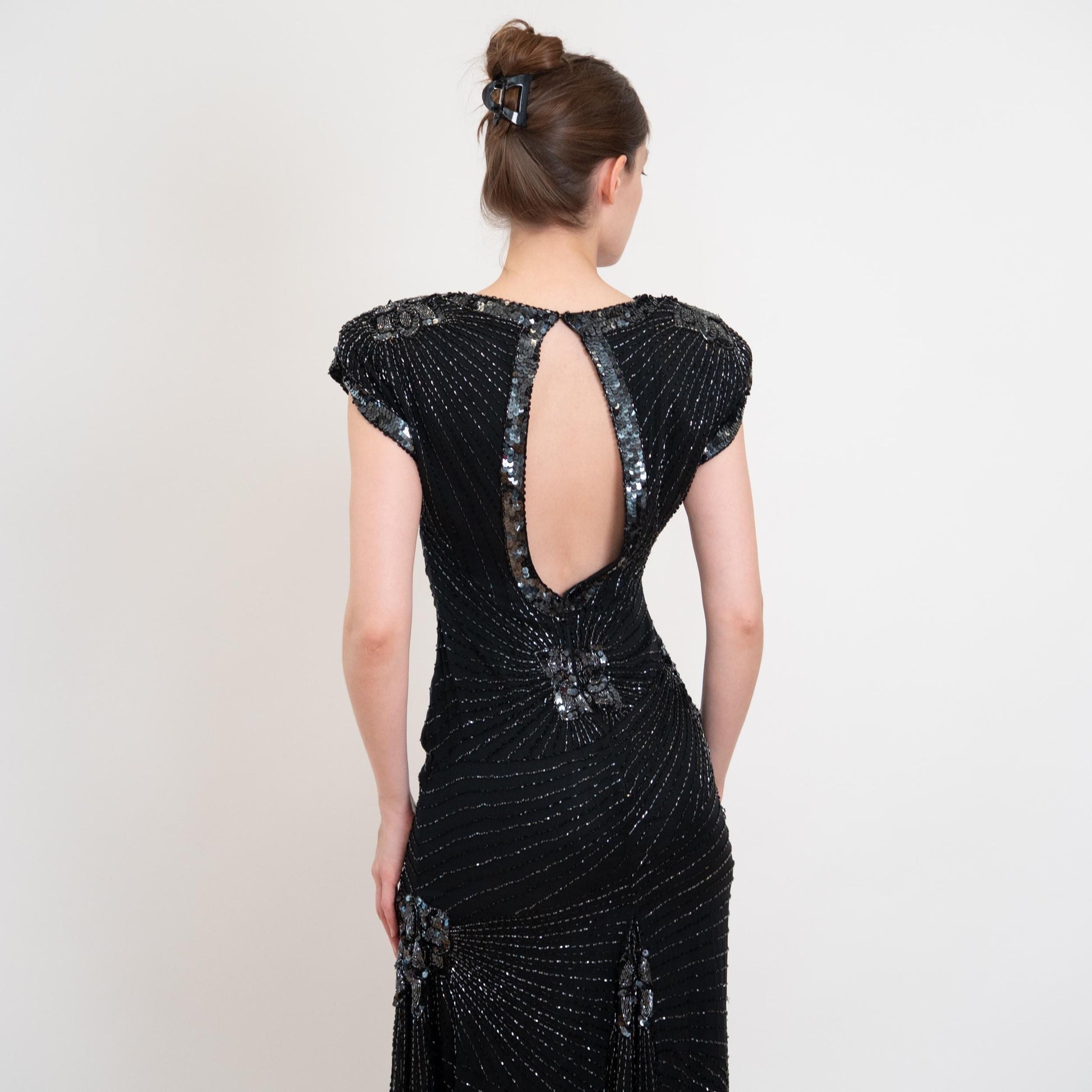 Vintage 80s Oleg Cassini Black Silk Beaded Evening Dress