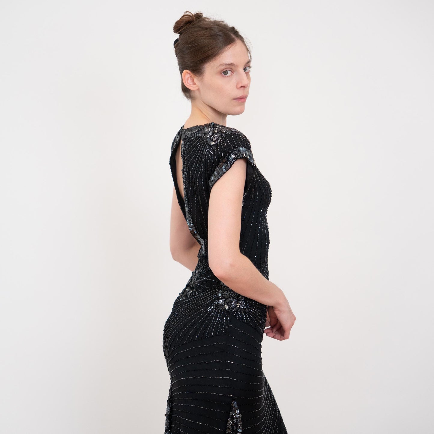 Vintage 80s Oleg Cassini Black Silk Beaded Evening Dress - XS to Small | Open Keyhole Back Formal Midi Dress