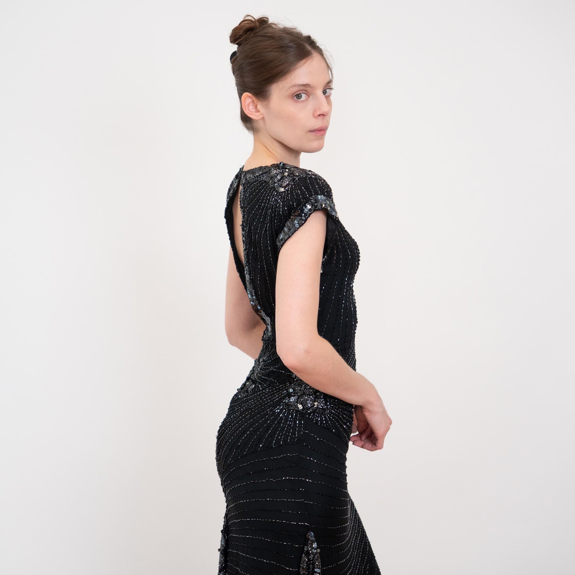 Vintage 80s Oleg Cassini Black Silk Beaded Evening Dress - XS to Small | Open Keyhole Back Formal Midi Dress