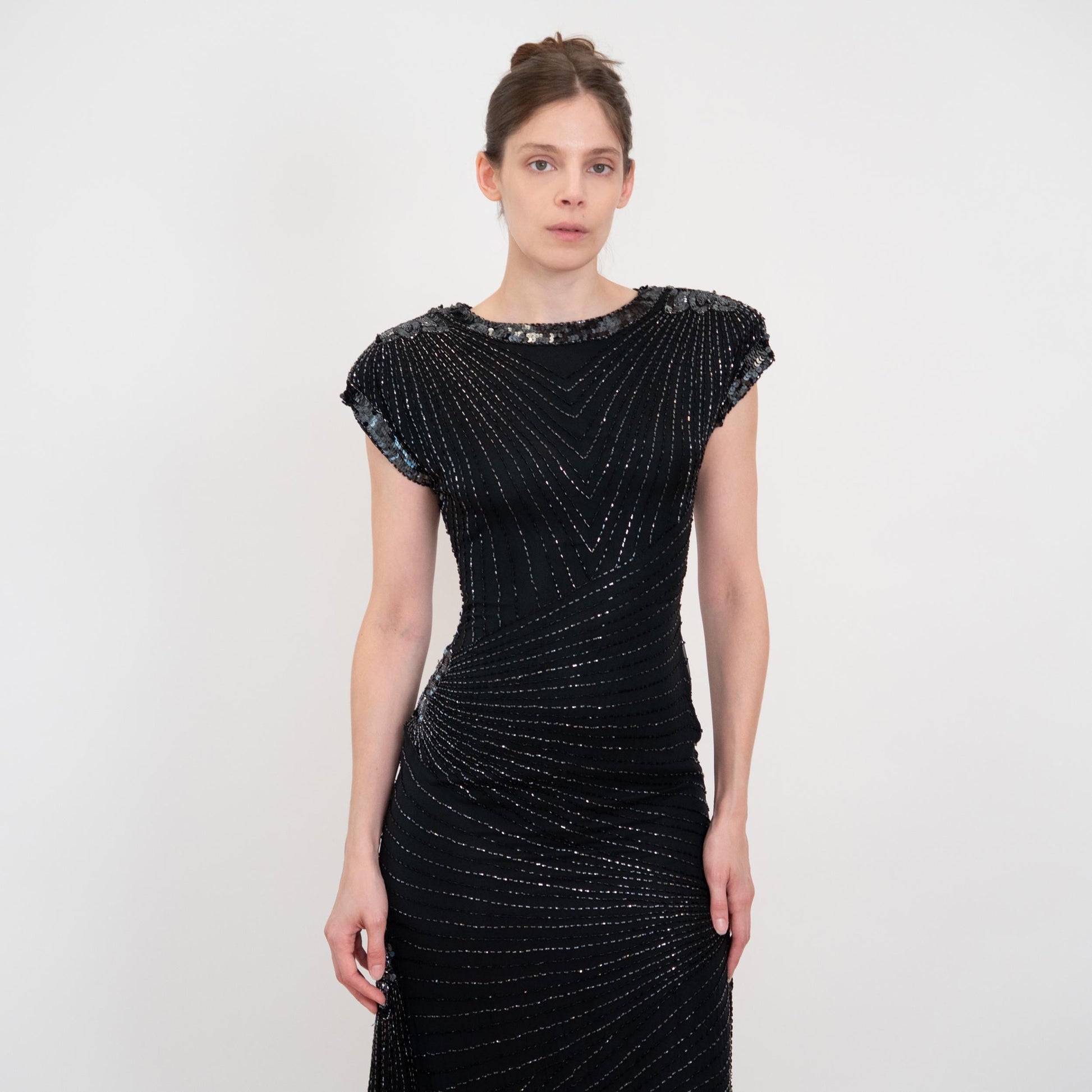 Vintage 80s Oleg Cassini Black Silk Beaded Evening Dress - XS to Small | Open Keyhole Back Formal Midi Dress