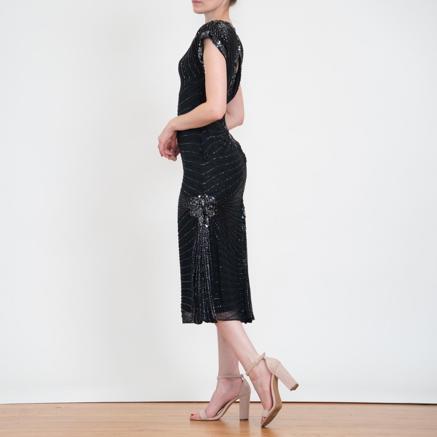 Vintage 80s Oleg Cassini Black Silk Beaded Evening Dress - XS to Small | Open Keyhole Back Formal Midi Dress