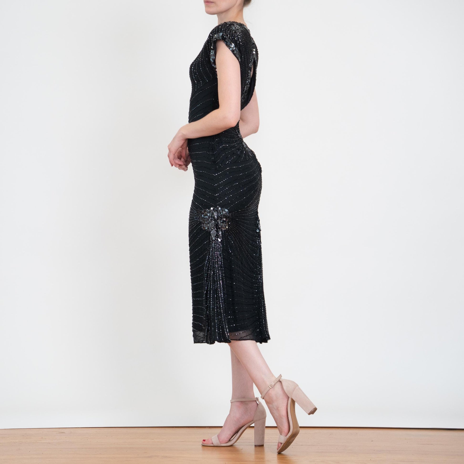 Vintage 80s Oleg Cassini Black Silk Beaded Evening Dress - XS to Small | Open Keyhole Back Formal Midi Dress
