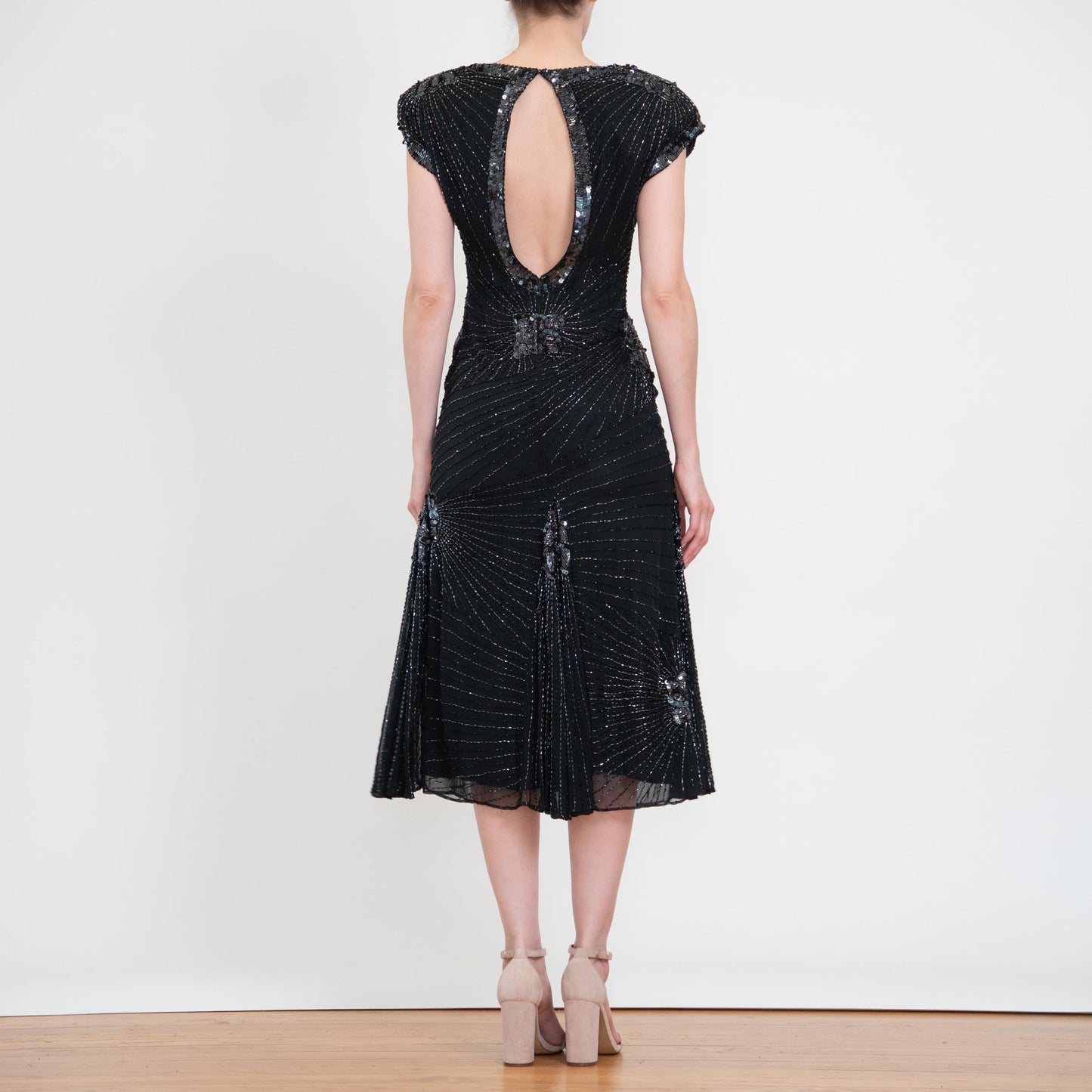 Vintage 80s Oleg Cassini Black Silk Beaded Evening Dress - XS to Small | Open Keyhole Back Formal Midi Dress