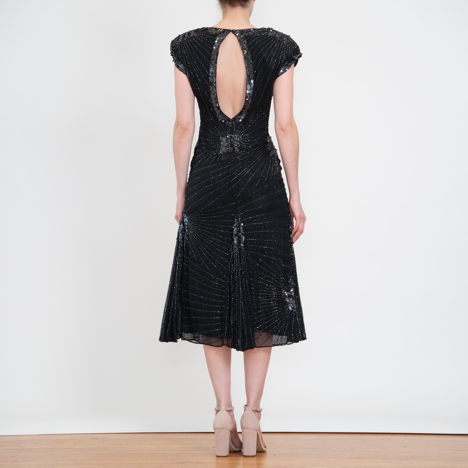Vintage 80s Oleg Cassini Black Silk Beaded Evening Dress - XS to Small | Open Keyhole Back Formal Midi Dress