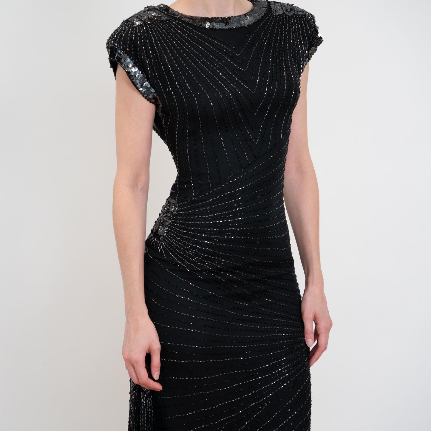 Vintage 80s Oleg Cassini Black Silk Beaded Evening Dress - XS to Small | Open Keyhole Back Formal Midi Dress