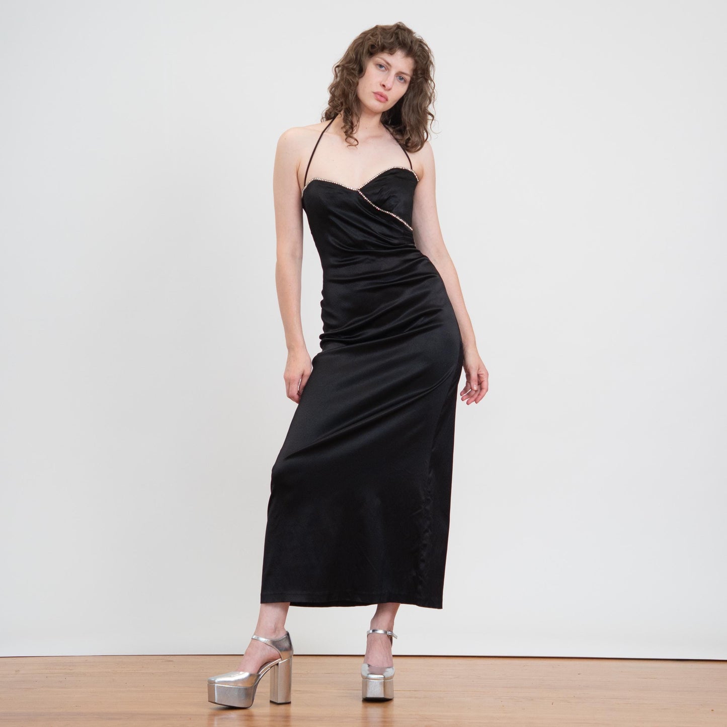 Vintage 90s Betsey Johnson Black Satin Rhinestone Trim Gown - Small | Formal Maxi Halter Evening Dress