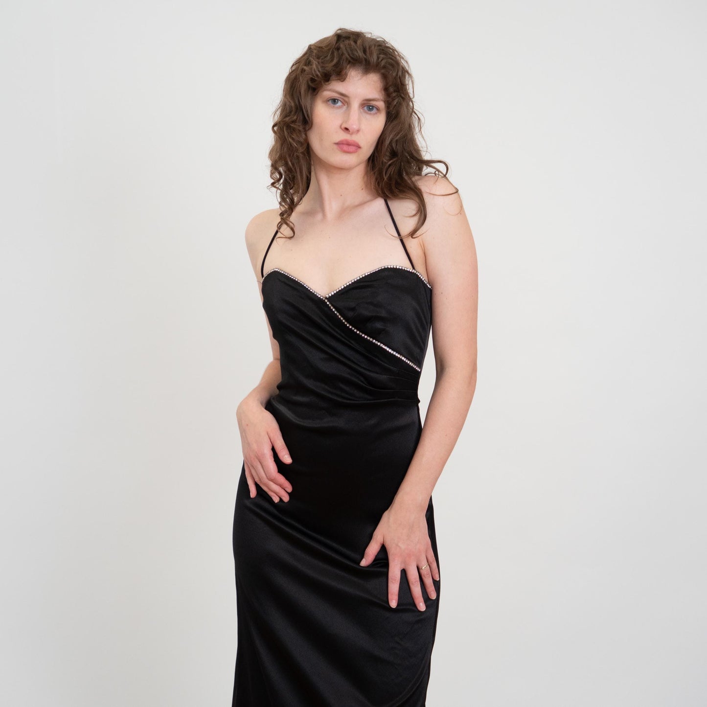 Vintage 90s Betsey Johnson Black Satin Rhinestone Trim Gown - Small | Formal Maxi Halter Evening Dress