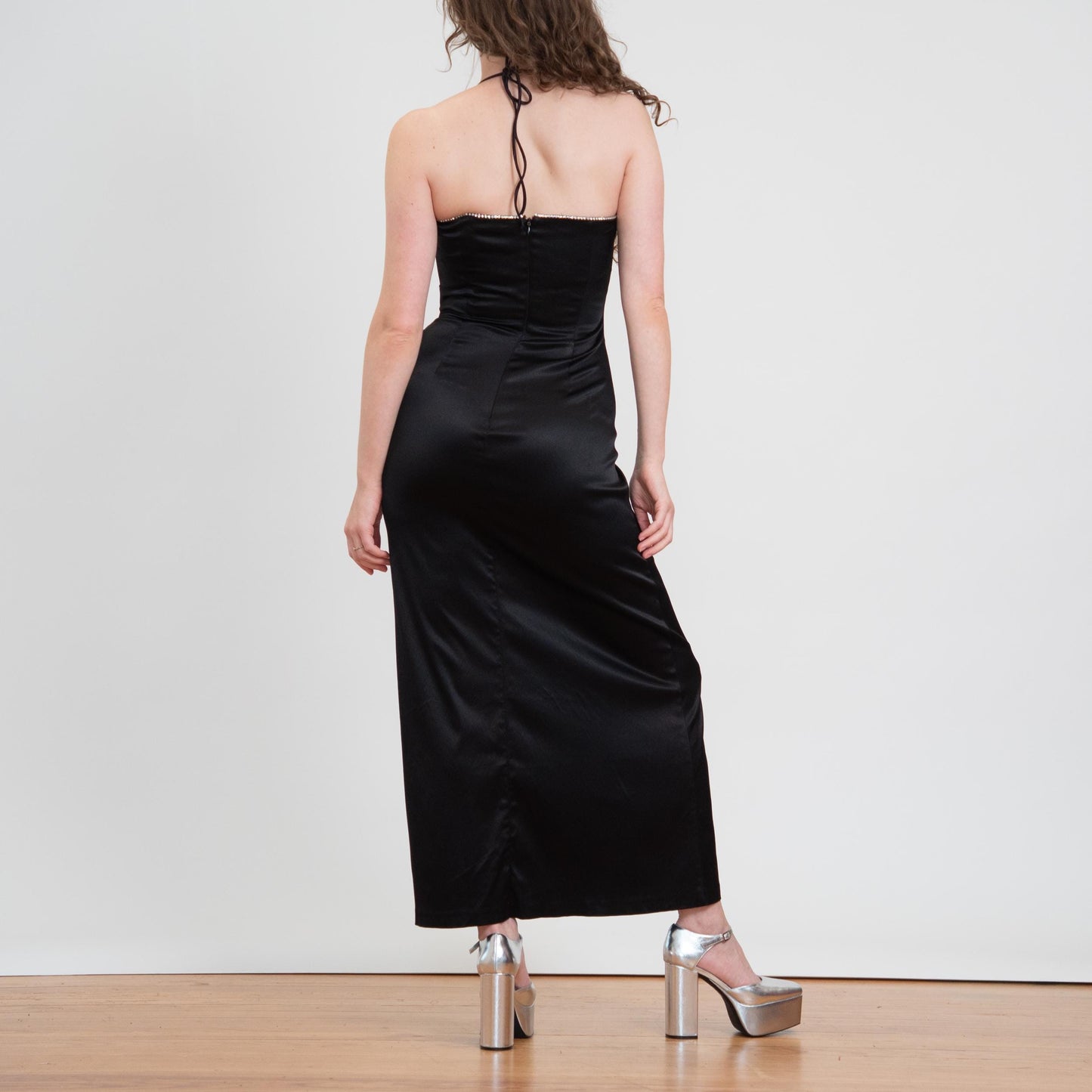 Vintage 90s Betsey Johnson Black Satin Rhinestone Trim Gown - Small | Formal Maxi Halter Evening Dress