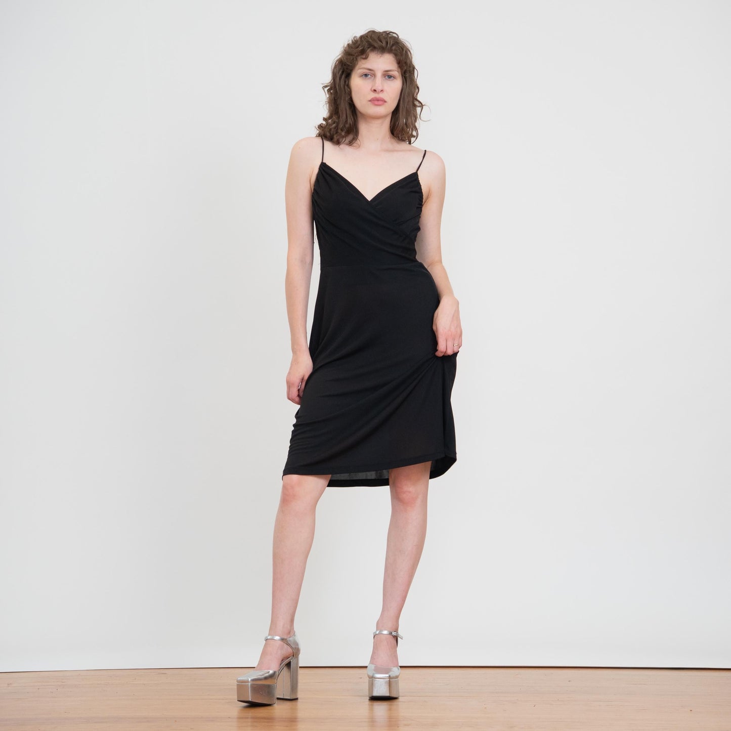 Vintage 90s Black Tie-Strap Party Dress - Medium | Minimalist Spaghetti Strap Midi Dress