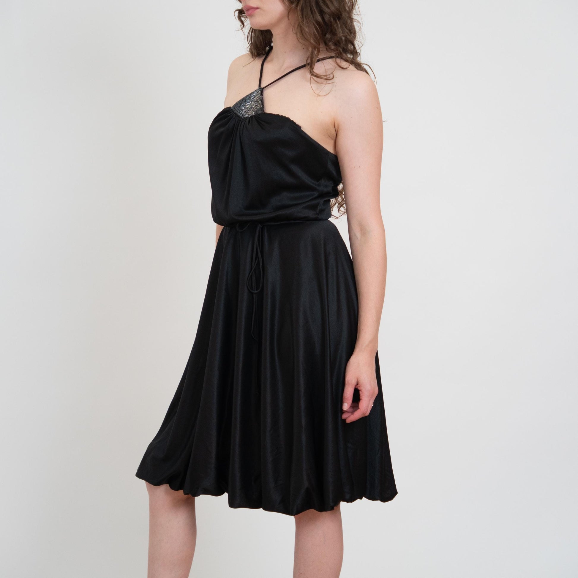 Vintage 70s Black Beaded Bubble Hem Disco Dress - Medium | Halter Neck Mini Party Dress