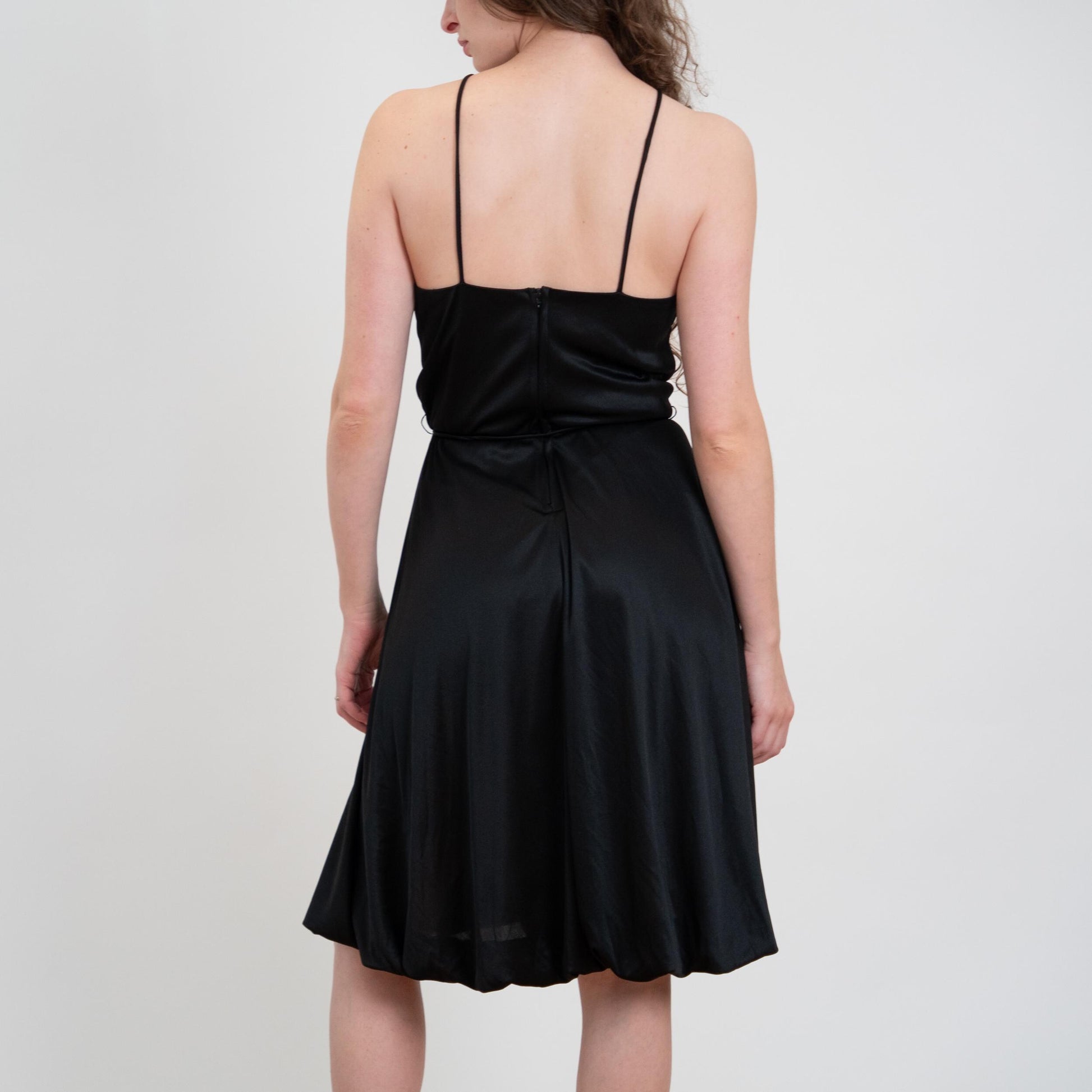 Vintage 70s Black Beaded Bubble Hem Disco Dress - Medium | Halter Neck Mini Party Dress