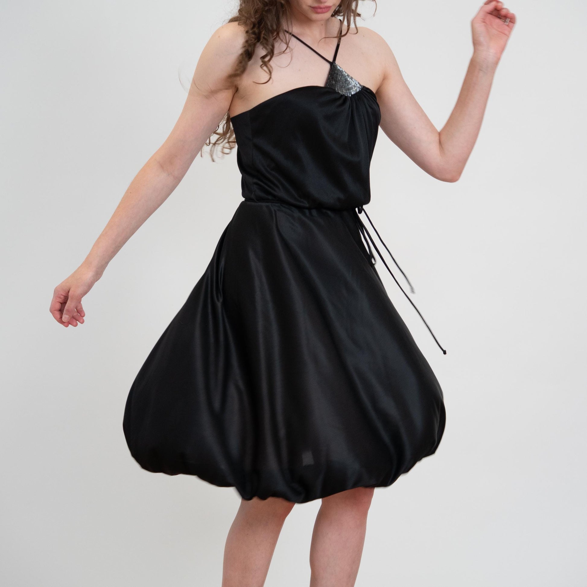 Vintage 70s Black Beaded Bubble Hem Disco Dress - Medium | Halter Neck Mini Party Dress