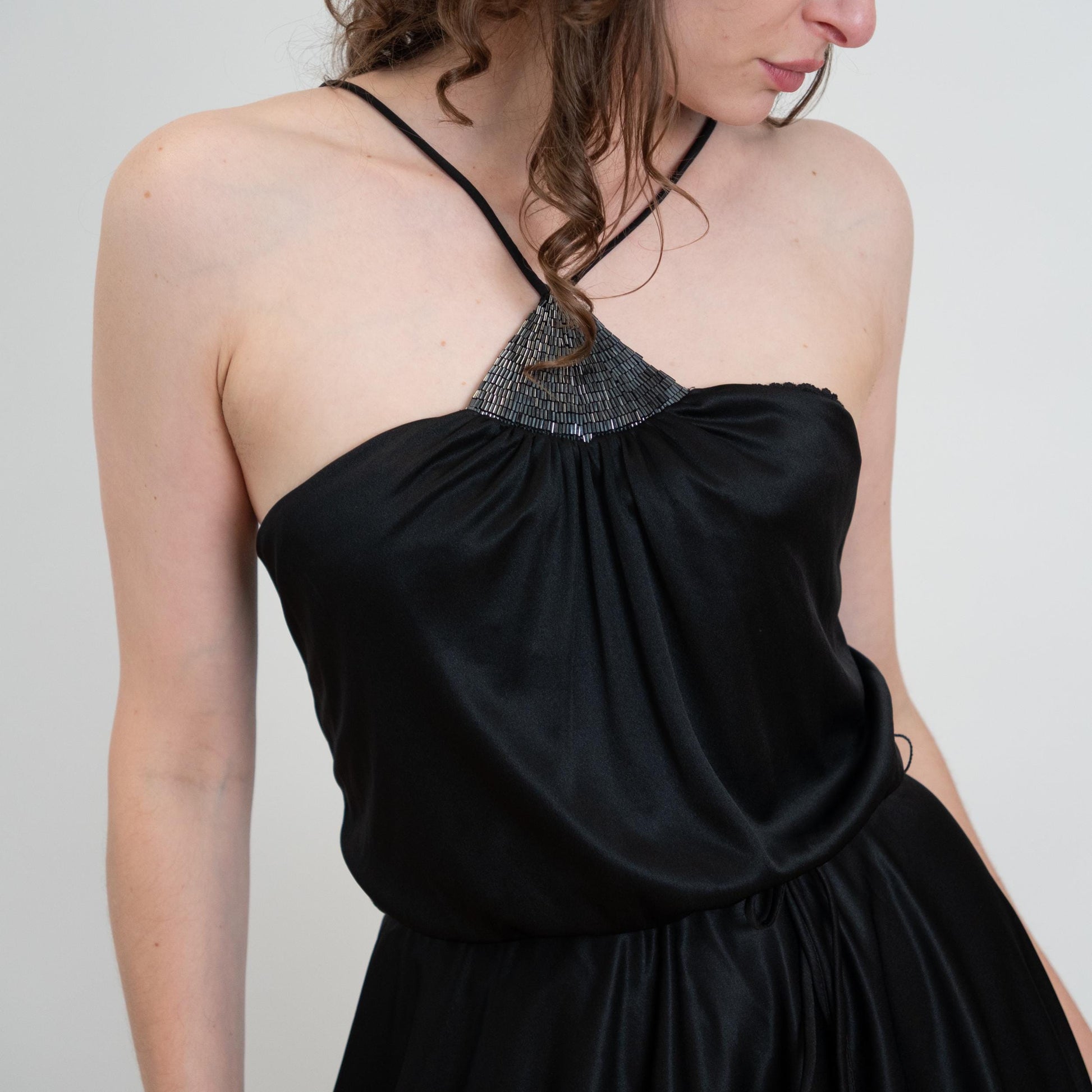 Vintage 70s Black Beaded Bubble Hem Disco Dress - Medium | Halter Neck Mini Party Dress